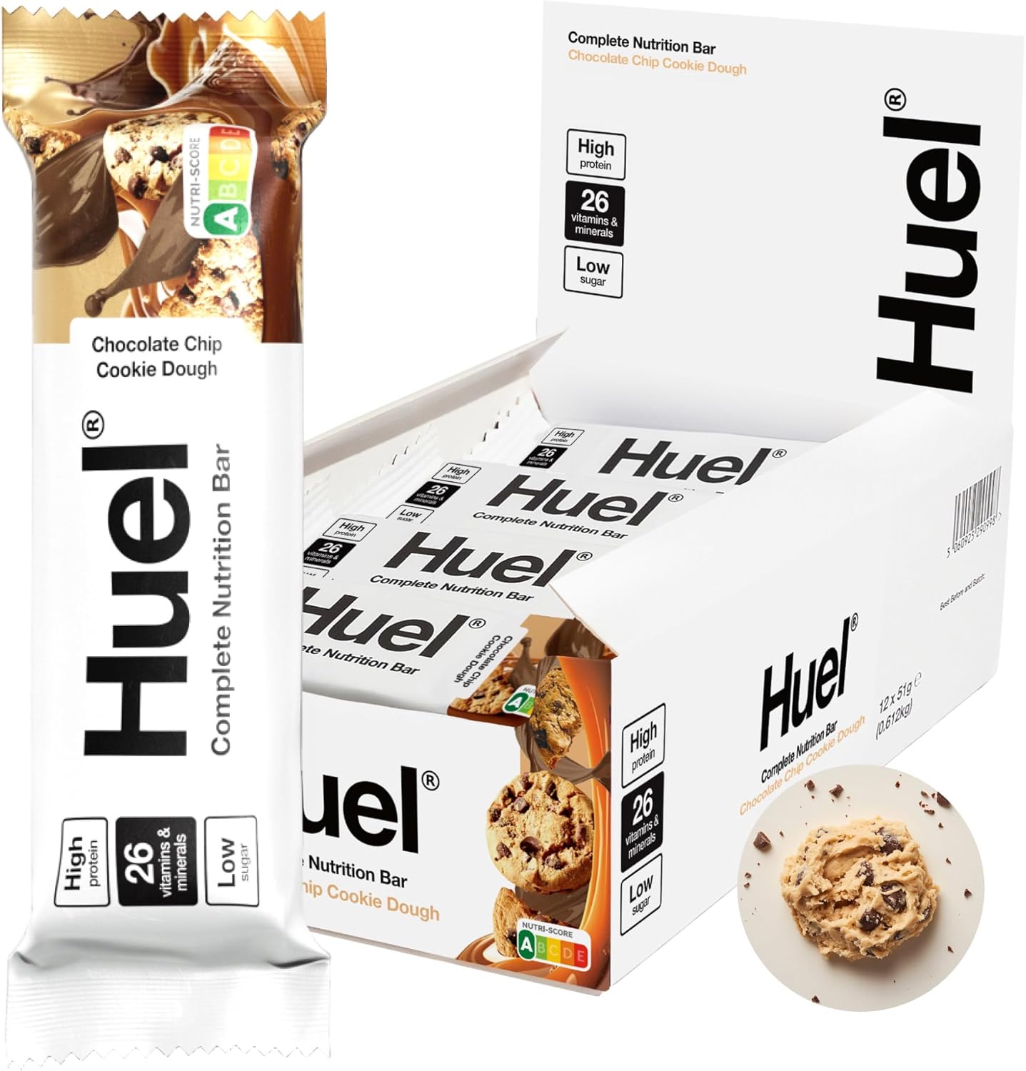 Huel Complete Nutrition Bar, 12 x 55g Bars, Chocolate Chip Cookie Dough, High Protein Bar, Plant-Based Protein Bars, Low Sugar, High Fibre, High Protein Snack with Vegan Chocolate, Under 200 Calories