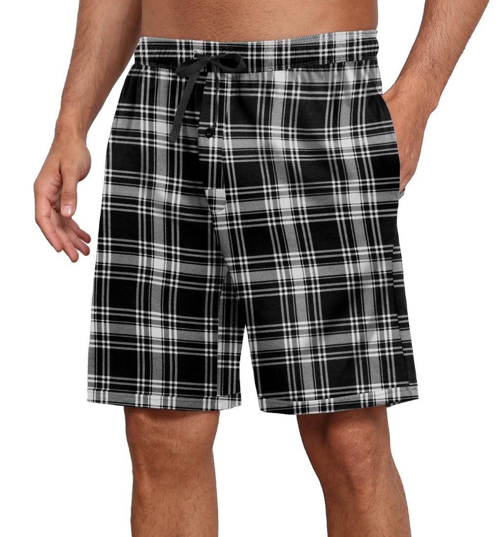 PrinStory Herren Schlafanzughose Kurz Elastische Taille Pyjama Shorts Mit Taschen Kurze Pyjamahose Schlafhose Loungehose