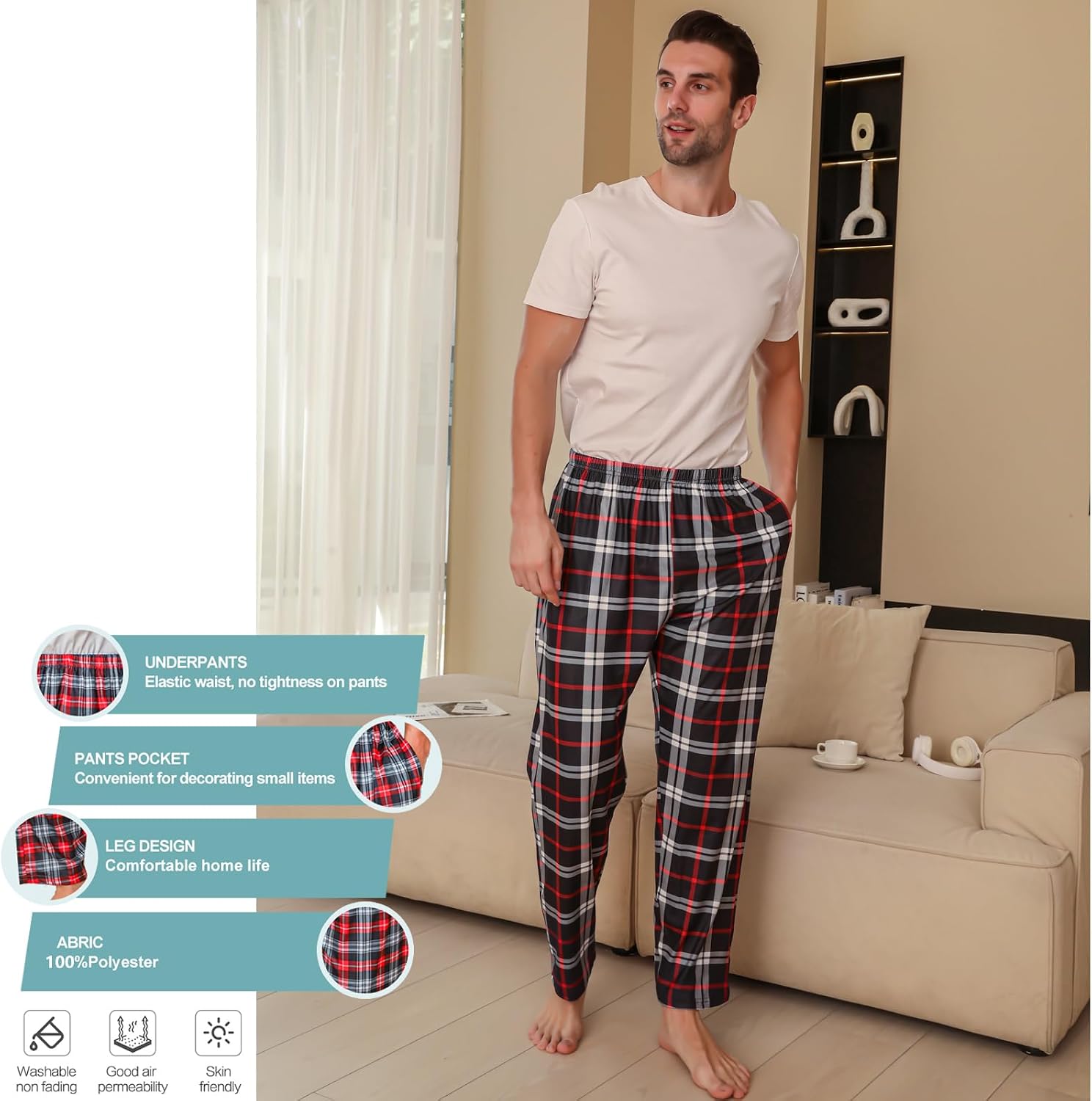3 Pack Mens Pajama Pants Silk Satin Pj Plaid Loungewear with Pockets Sleep Bottoms Sleepwear Available In Big & Tall