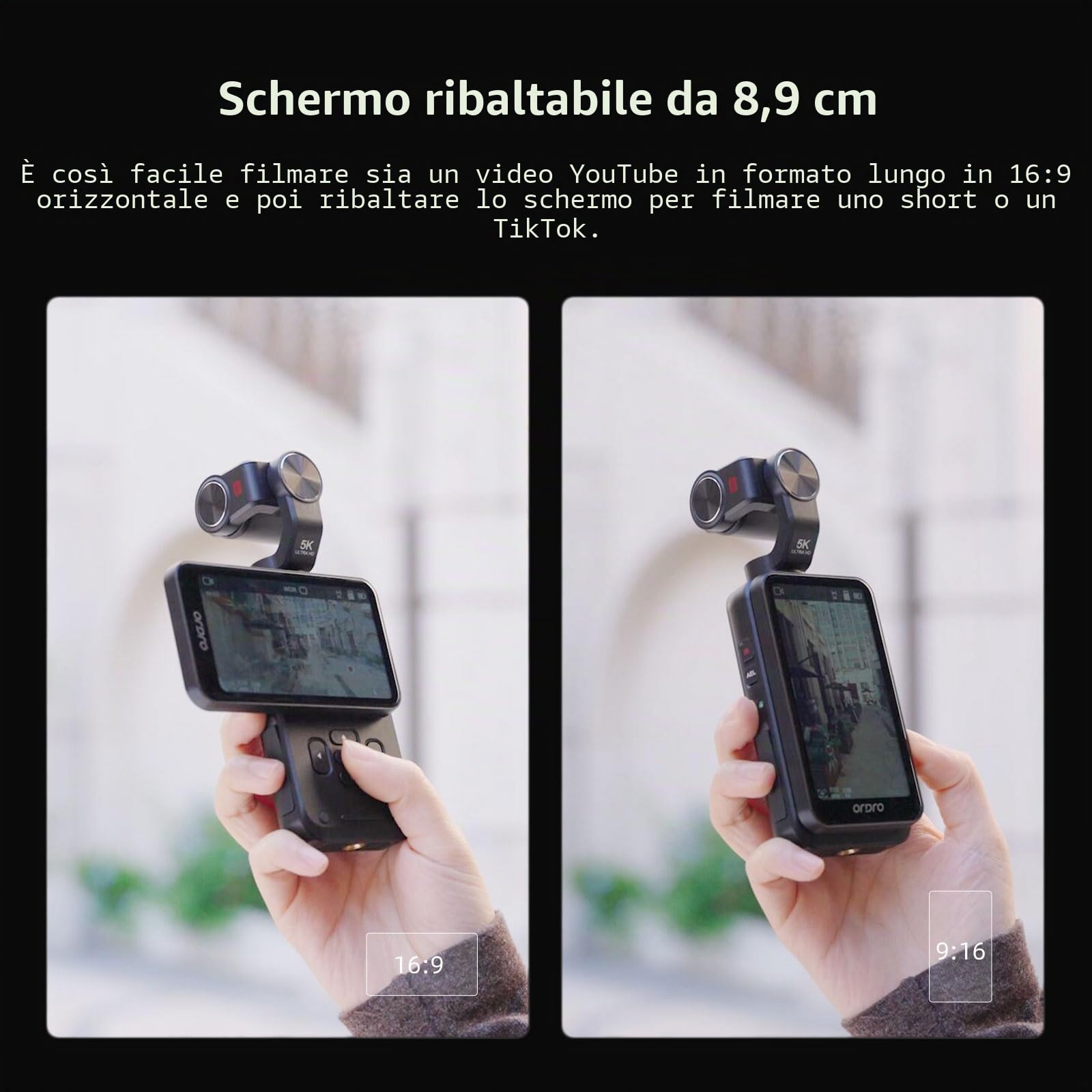 ORDRO M5 5K - Fotocamera da Vlogging con Stabilizzatore a 3 assi, angolo ultra ampio di 120°, visione notturna a infrarossi, schermo IPS girevole da 3,5", piccola videocamera da Vlog con scheda SD da