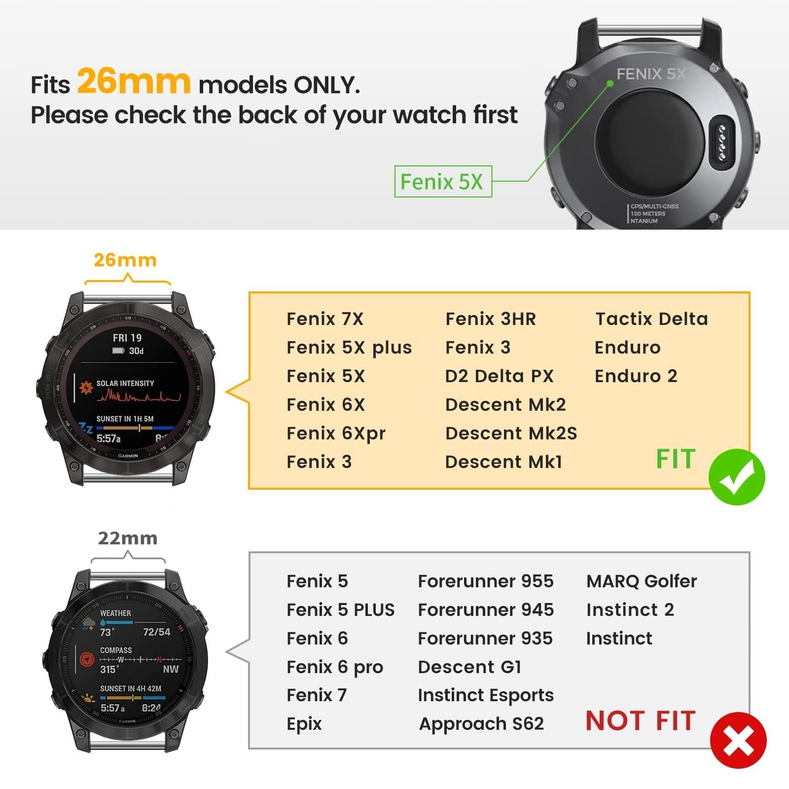 Do pasków Fenix 7X, silikonowe paski do zegarków 26 mm, zamiennik do smartwatchy Fenix 5X / Fenix 5X Plus/Fenix 6X / Fenix 6X Pro/Tactix Delta/Descent Mk2i