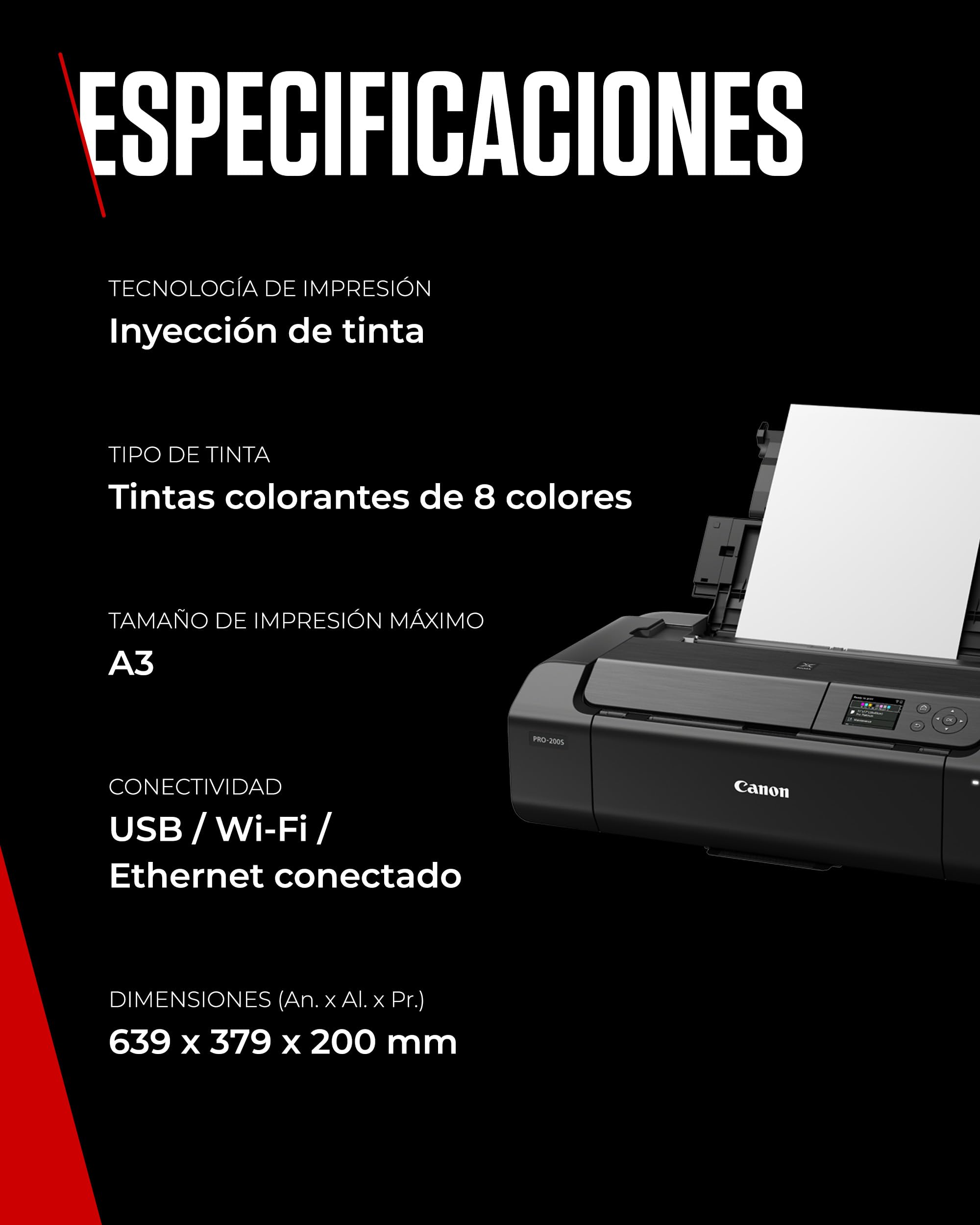Canon Pixma PRO-200S Impresora Fotográfica Profesional, Sistema de Inyección de Tinta, A3+, WiFi, 8 Cartuchos de Tinta, Impresión Sin Bordes, Impresión de Alta Velocidad, Negro