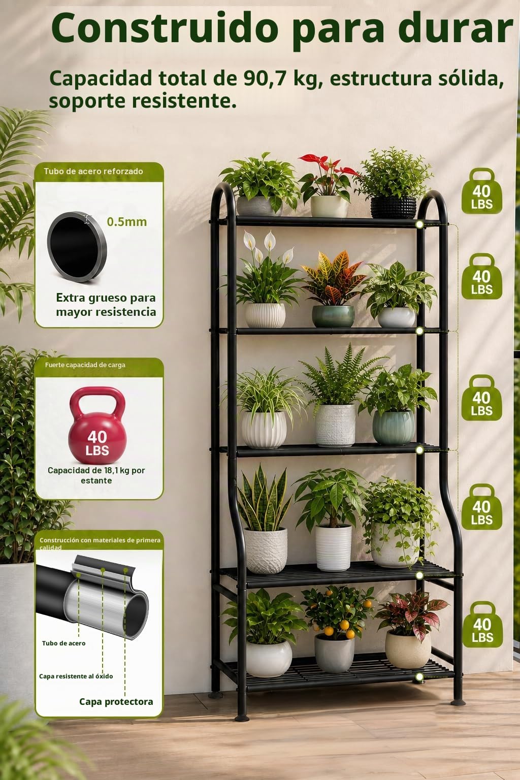 Soporte de metal para plantas de 5 niveles, estante de flores resistente para interiores y exteriores para múltiples macetas, soporte vertical de 65 pulgadas de alto con patas de nivelación
