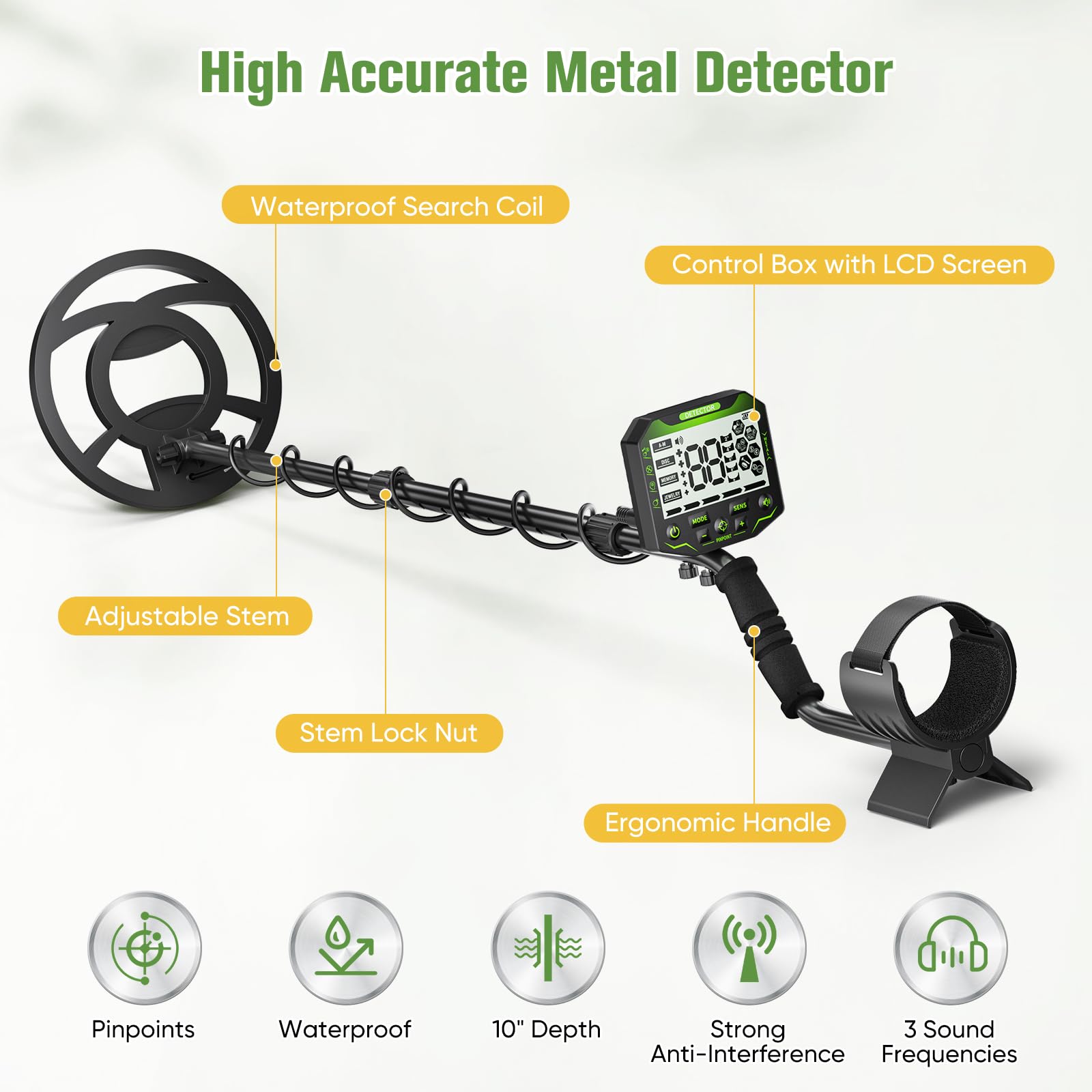 Metal Detector professionale per adulti e bambini, chip anti-interferenza, IP68, impermeabile, supporta batteria e alimentazione USB, 5 modalità di rilevazione (Verde)