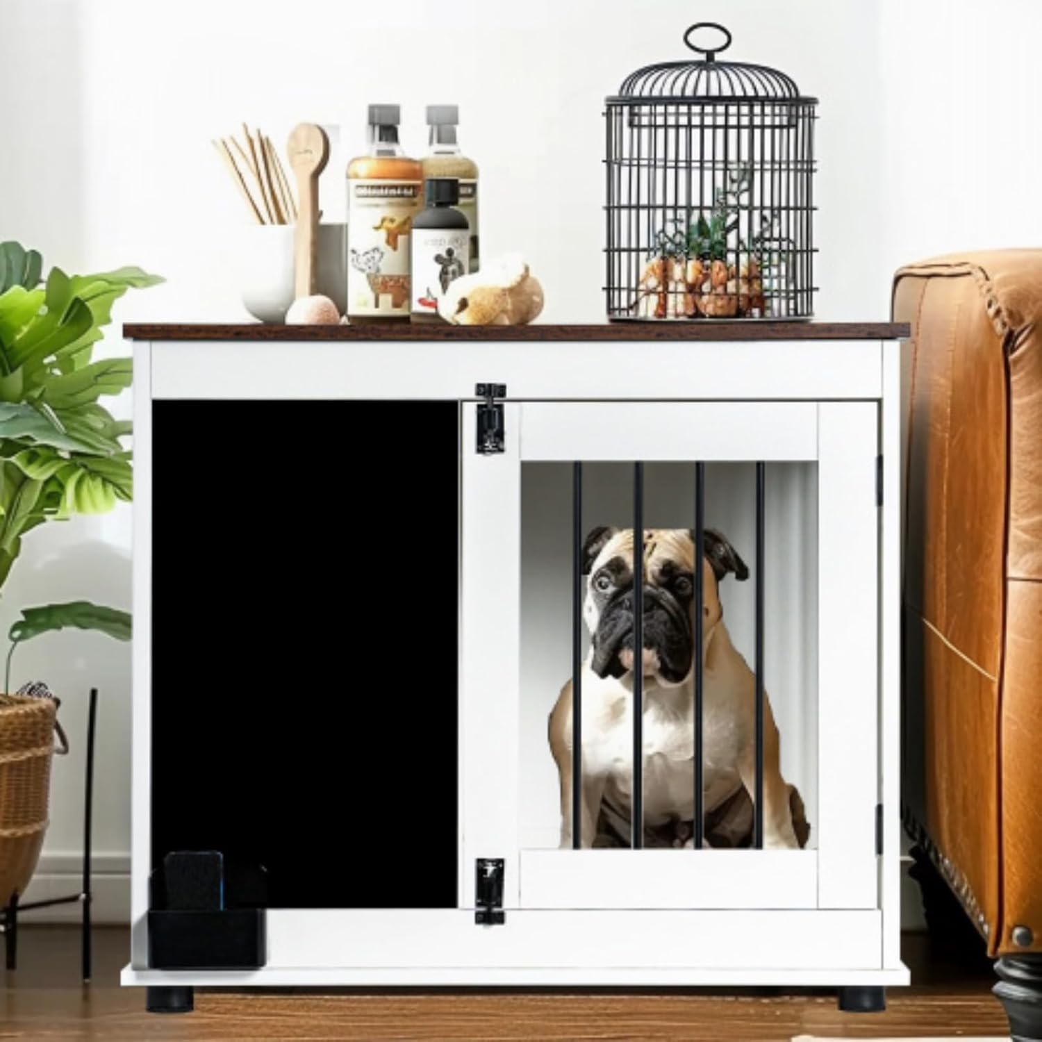 Furniture Style Dog Crate, Crate Furniture, Dog Kennel with 2 Doors, Dog Crate Interior Furniture, Dog Kennel with Drawing Board, Heavy Duty Wooden Dog Crate for Small and Medium Dogs, White