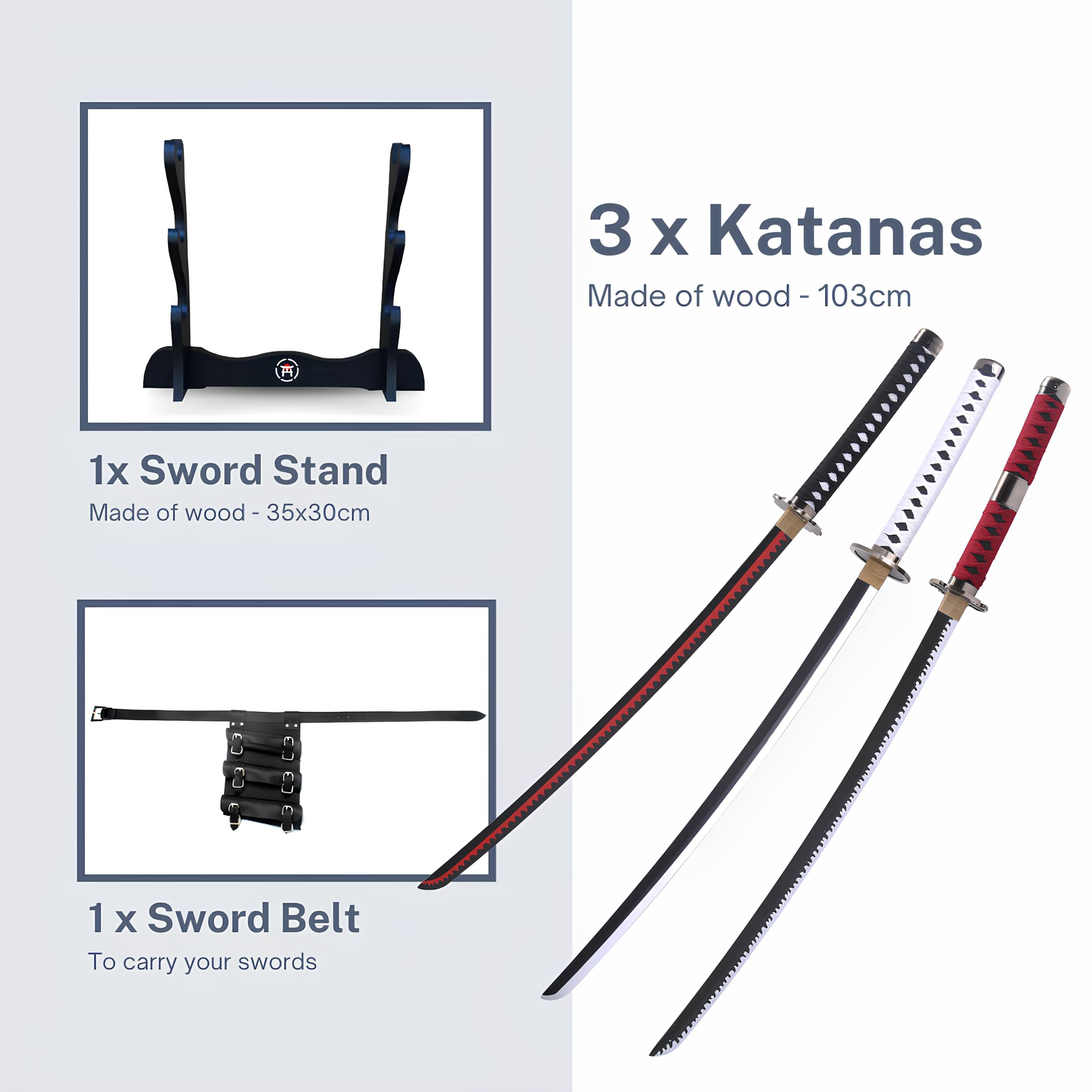 Triple Katana One Piece – Roronoa Zoro Shusui Wado Kitetsu – Drei Manga-Nachbildungen Säbel + Ständer für Schwert aus Holz + Dreifachgürtel, SH-511-7WDL