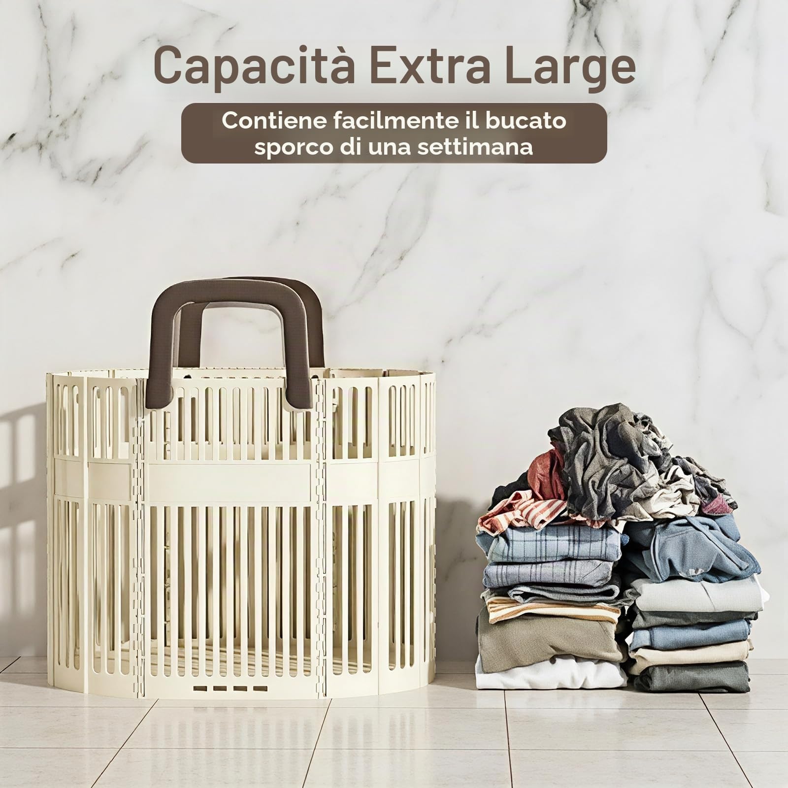 PAVSTINE Cesto Portabiancheria Pieghevole Grande, Portabiancheria Plastica | 43L Cesto Biancheria Sporca con Manici Salvaspazio, Collapsible Laundry Basket per Bagno, Lavanderia, Beige