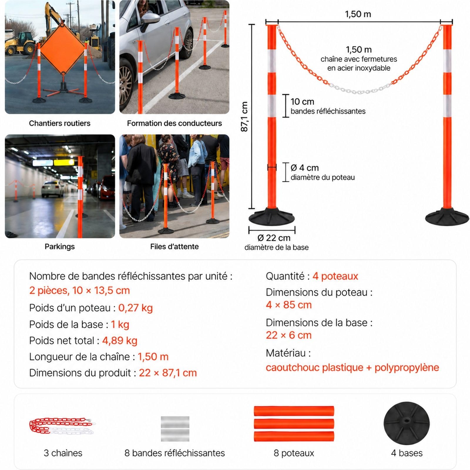 4 poteaux de signalisation Rouges avec Base lestée, Bandes réfléchissantes et chaîne, pour Chantier et Parking