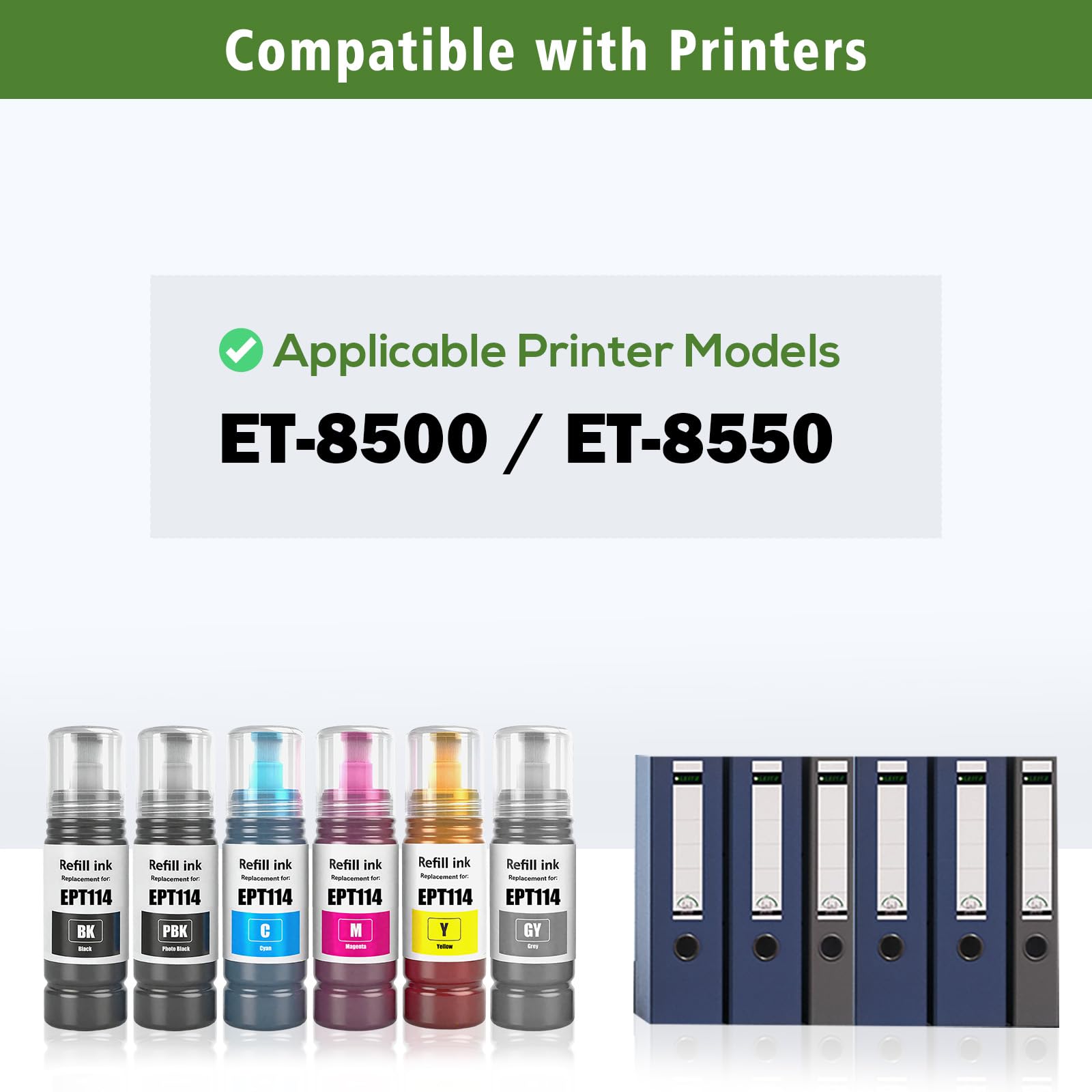 GREENPRINT Set de 6 Couleurs Bouteilles d'encre EPT114 Recharge Multipack Compatible pour ET-8500 ET-8550 Imprimante Ink Tank (Lot de 6, BK/PBK/C/M/Y/GY)