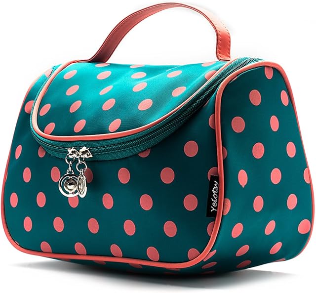 Makeup Bag Cute, Yeiotsy Polka Dots Toiletry Organizer Withe Make up Brush Holders for Women (Lake Blue)