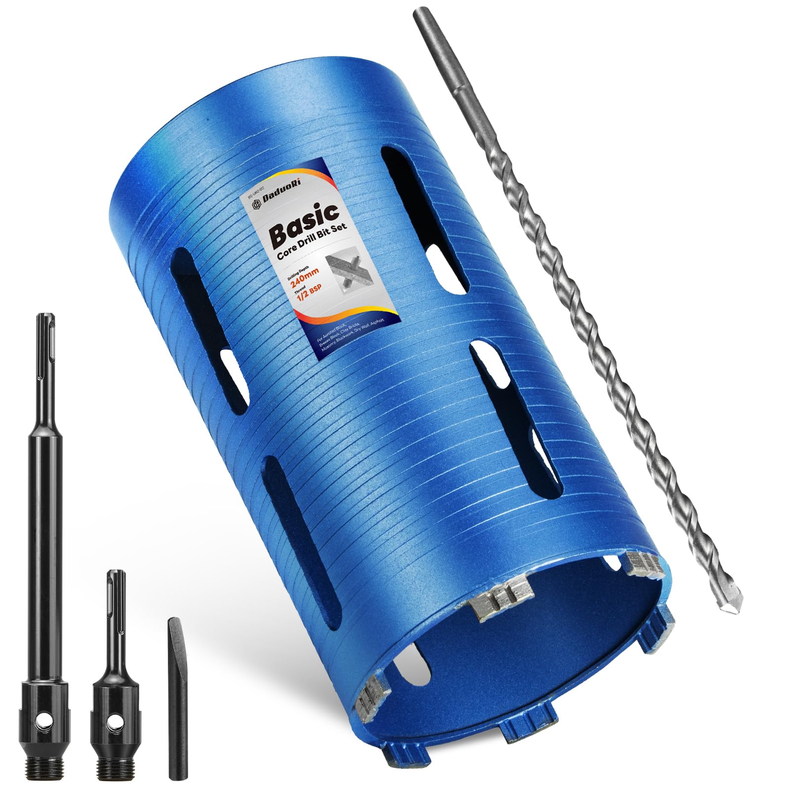 DaduoRi 132mm x 240mm Long Core Drill Bit Set with 240mm,110mm SDS Plus Adaptor & Centre Pilot Bit,Diamond Core Drill Set for Brick Block Masonry Stone,1/2 BSP Thread(For hole 130 mm) — image 1