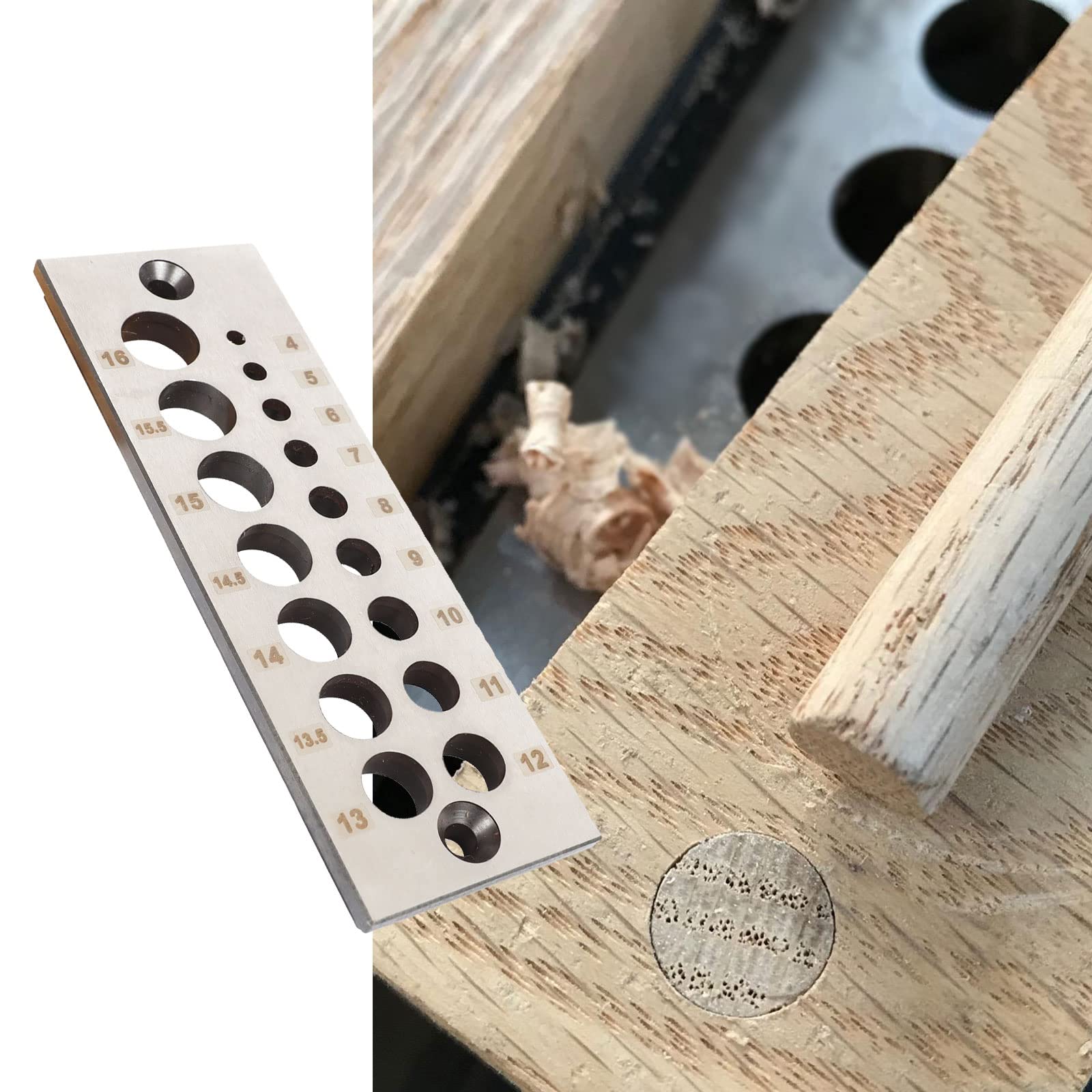 Placa de acero con 16 agujeros, escala métrica, 4 mm-16 mm, disponible para todas las maderas blandas y maderas duras