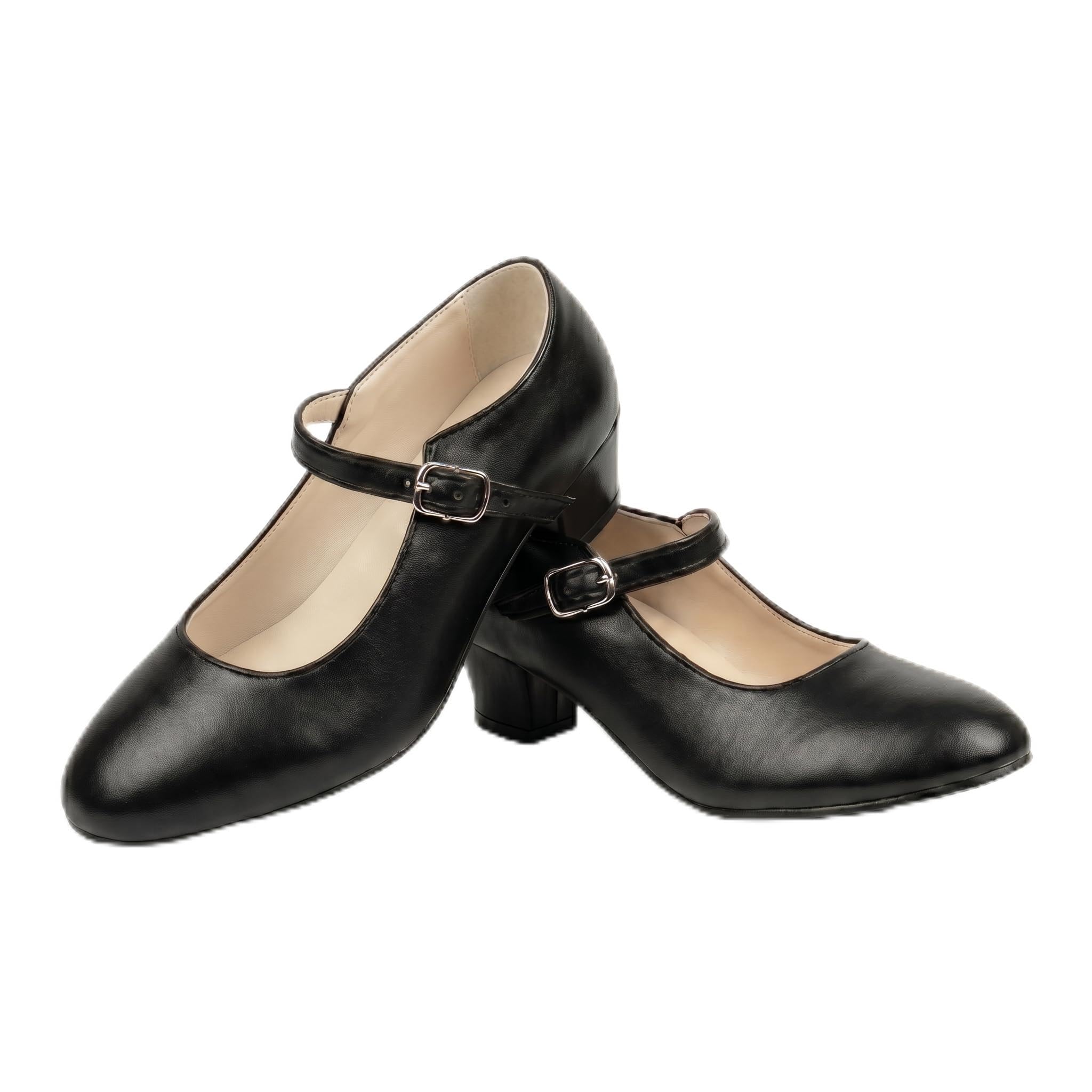 Zapatos Negros de Baile Flamenco para Niña y Mujer de Iniciación | Talla 24 a 41 | Tacón Ancho de 3,5 cm | Cómodos para Clases de Sevillanas y Danza Española | Cierre de Hebilla
