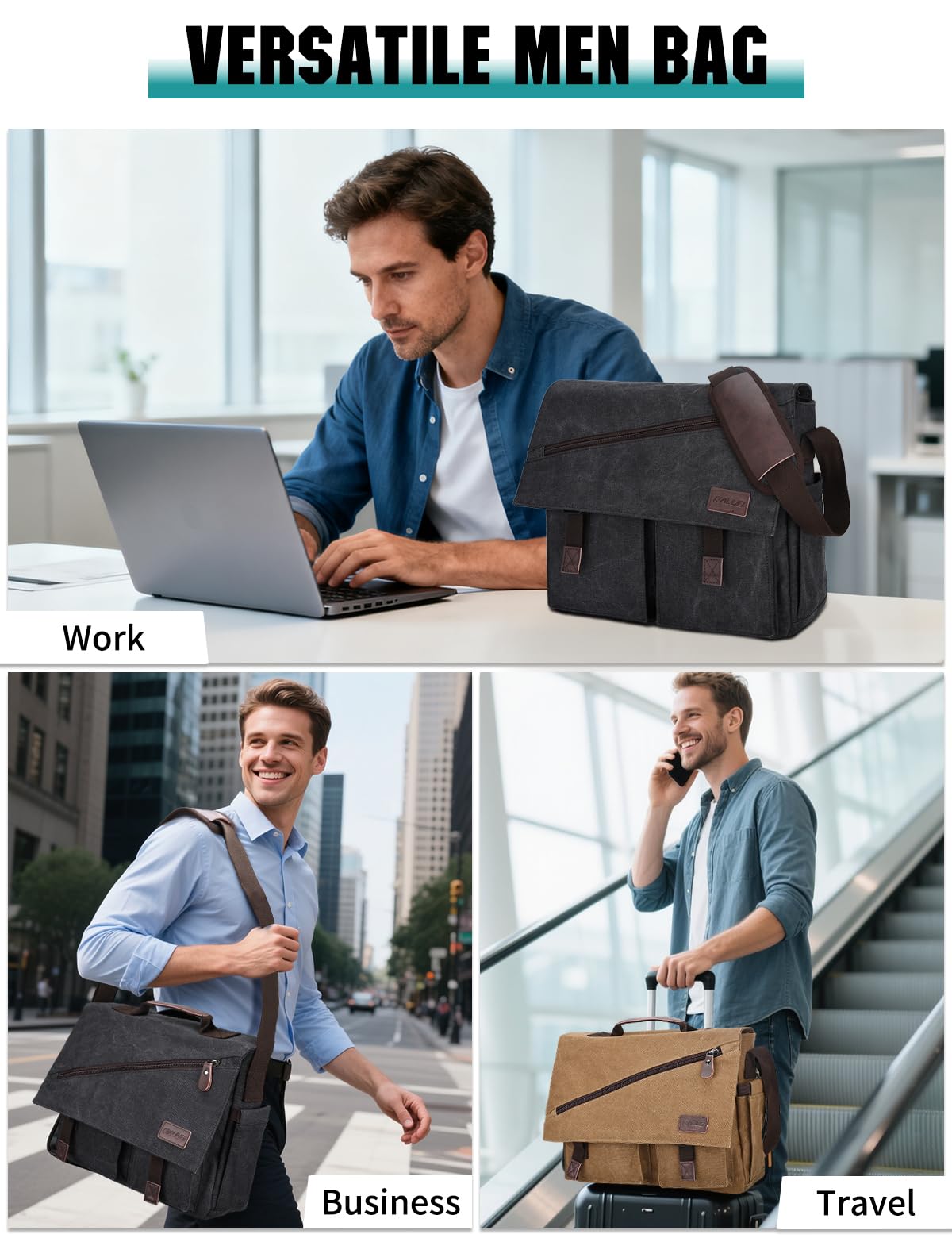 RAVUO Bolso Bandolera Hombre Grande Bolsa de Mensajero para 14 15.6 17 Pulgadas Ordenador Portátil Bolsa de Hombro Lona Messenger Bag,Nergo