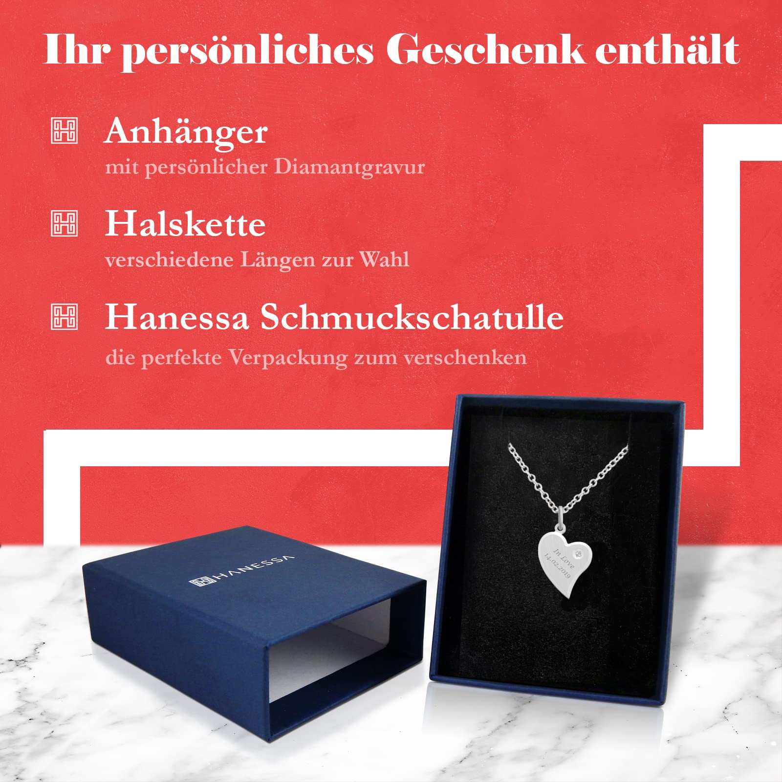 925 Sterling Silber Kette mit Gravur 42 + 3 cm mit Anhänger Herz mit Strass-Stein in silber - Personalisierte Halskette Damen Silberkette Schmuck - Geschenke personalisiert