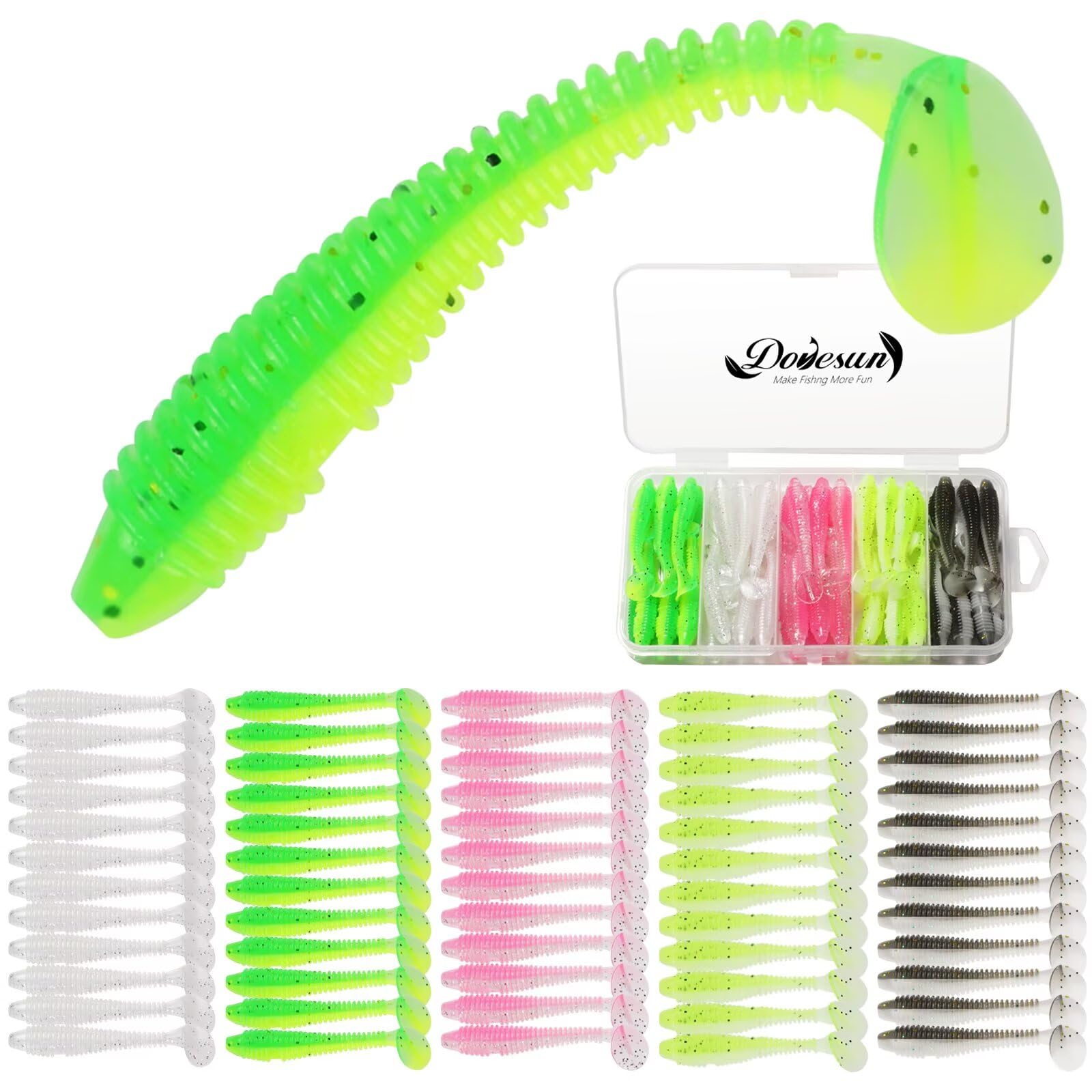 Dovesun Crappie Lures Kit Soft Plastic Baits Paddle Tail Swimbaits Fishing Soft Plastic Lures Crappie Walleye Trout Bass Fishing Baits 60pcs/75pcs
