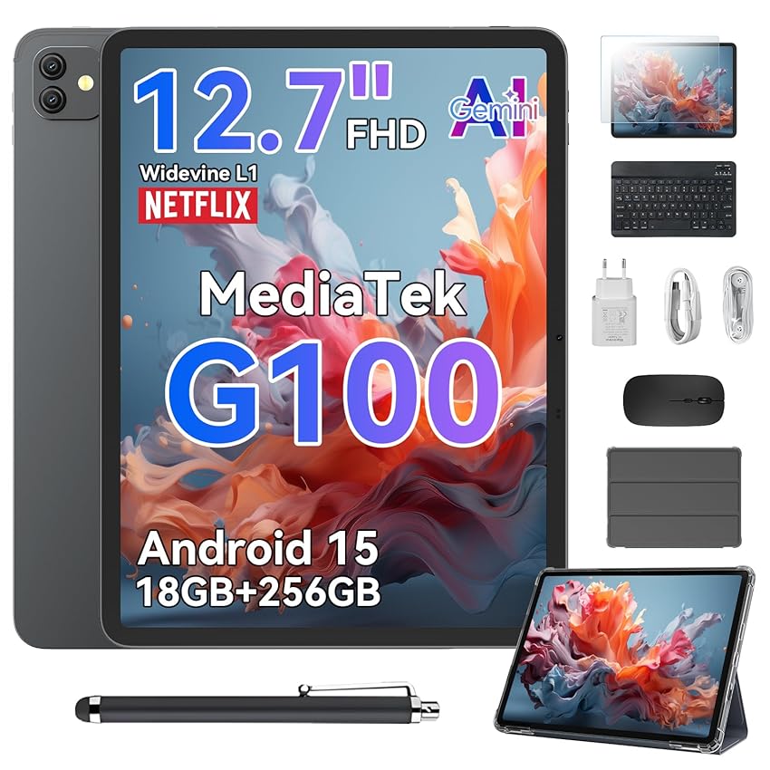 Blackview Tablet 12.7 Pollici MediaTek G100 Gemini AI Link 8, 2K+ FHD 2160 * 1600 90Hz 18GB RAM+256GB ROM Android 15/PC Mode/8400mAh/Widevine L1/Face ID/16MP+13MP/GPS/OTG Tablets con Tastiera e Penna