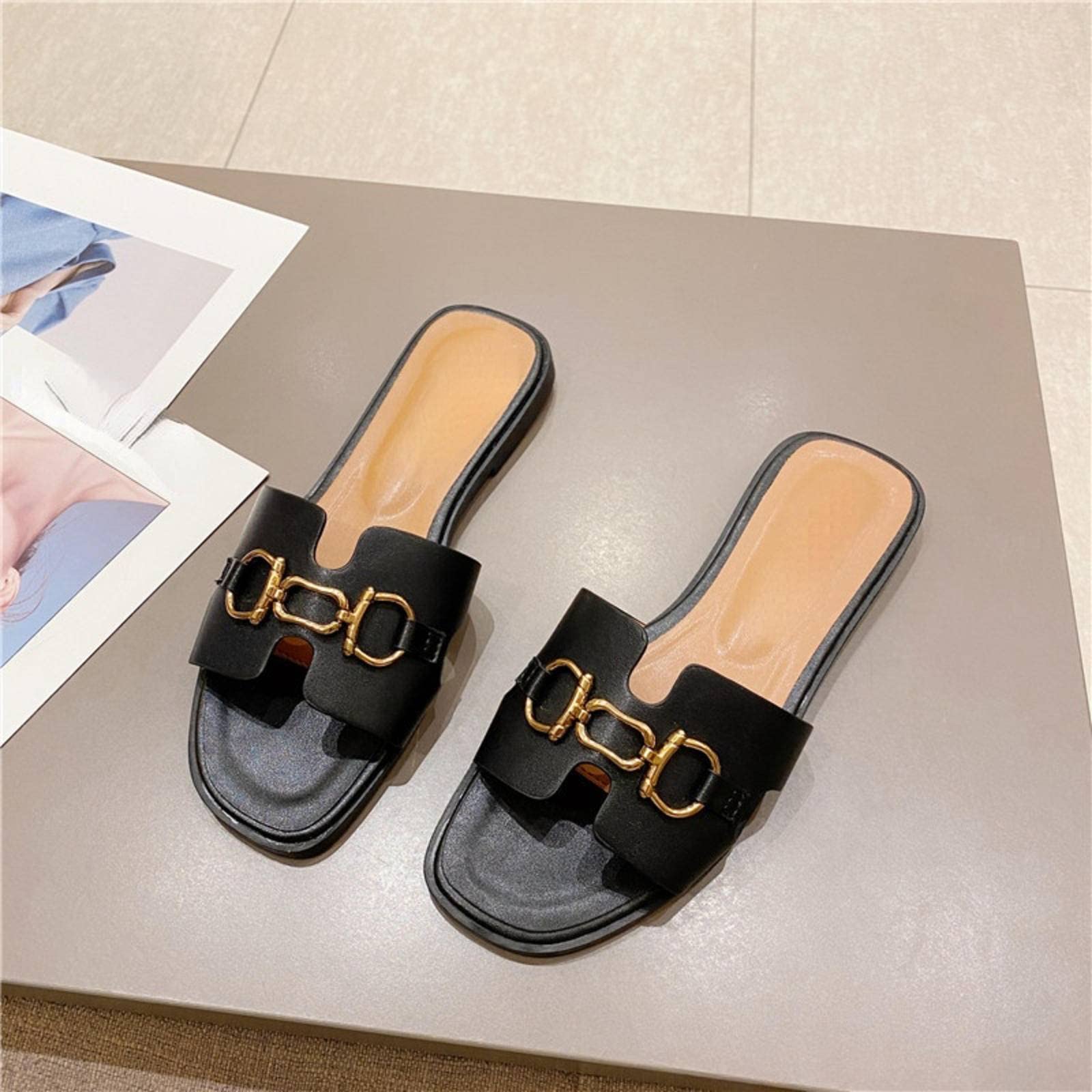 Amazon.co.jp: Summer slippers women outerwear black flat slippers fashion  slippers women : Home \u0026 Kitchen