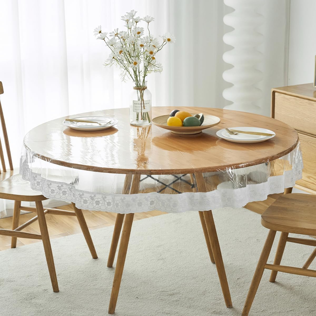 Printed PVC Plastic Flowered 4 Seater Round Shape Table Cover (Size- 60 Inches Round) (Transparent)