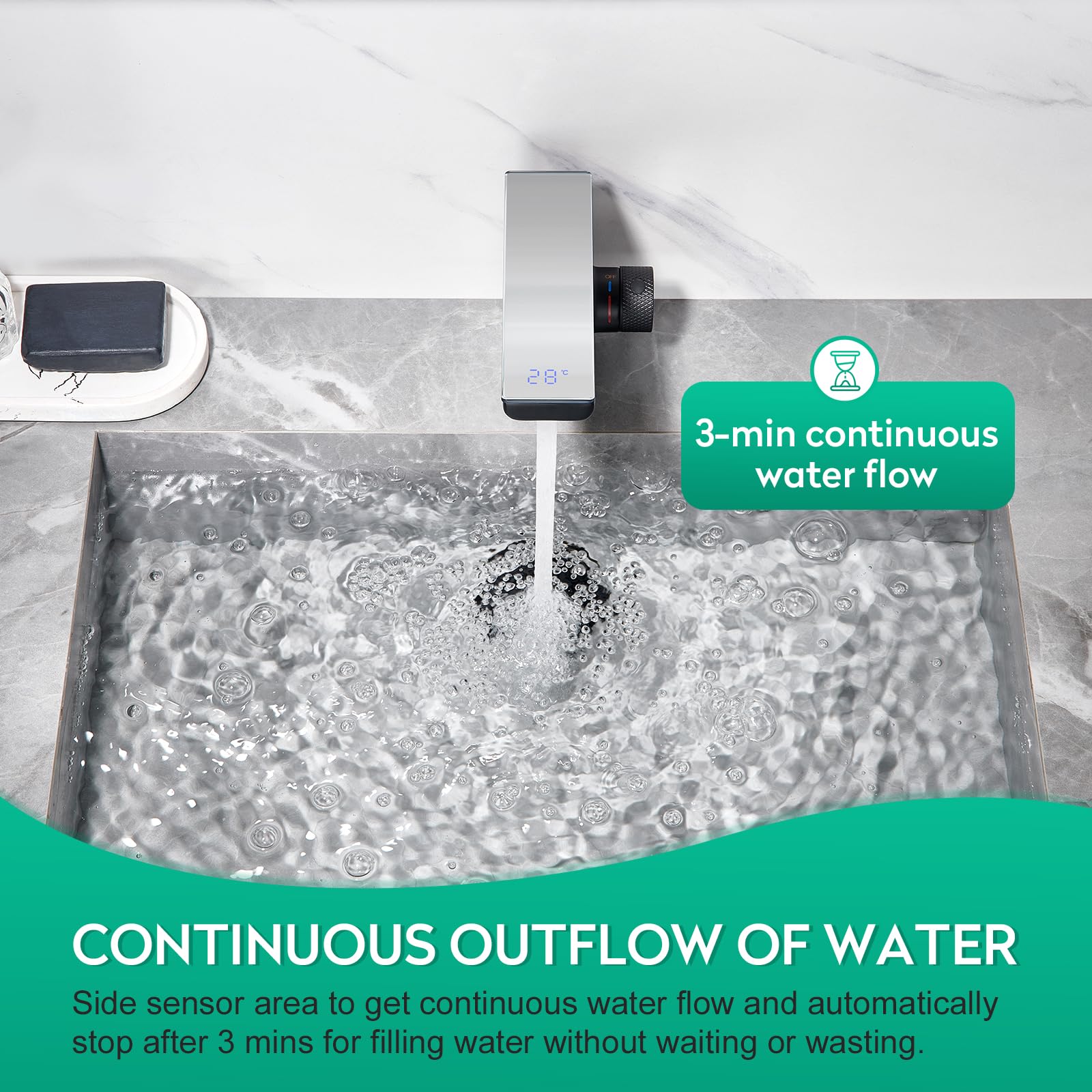 CREA Grifo Baño con Sensor Automático,Rifo de Lavabo sin Contacto, Negro | Grifo Lavabo con Sensor Infrarrojo con Pantalla Digital,Mezclador Automático de Agua Fría y Caliente