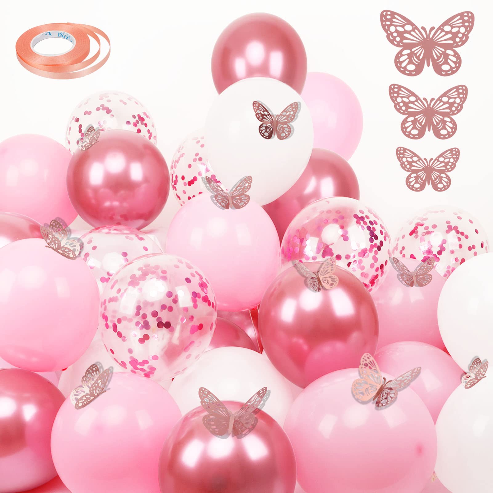 Pink Balloons and Butterfly Stickers Set, 30 PCS 12 Inch Confetti Balloons, with 12 PCS Rose Gold Butterfly Stickers for Wedding, Birthday, Party Decorations