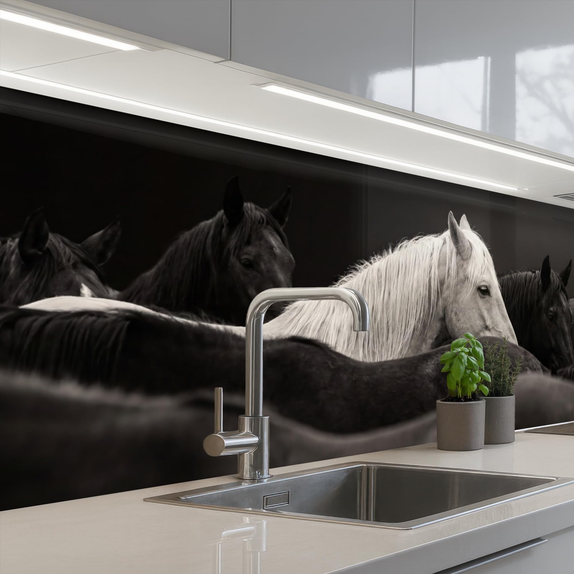 KitchenYeah© Splashback for kitchen 24"x79" / 60x200 cm self adhesive Sink Splash Splatter Guard Backsplash Decor Horses - Black - White - Herd