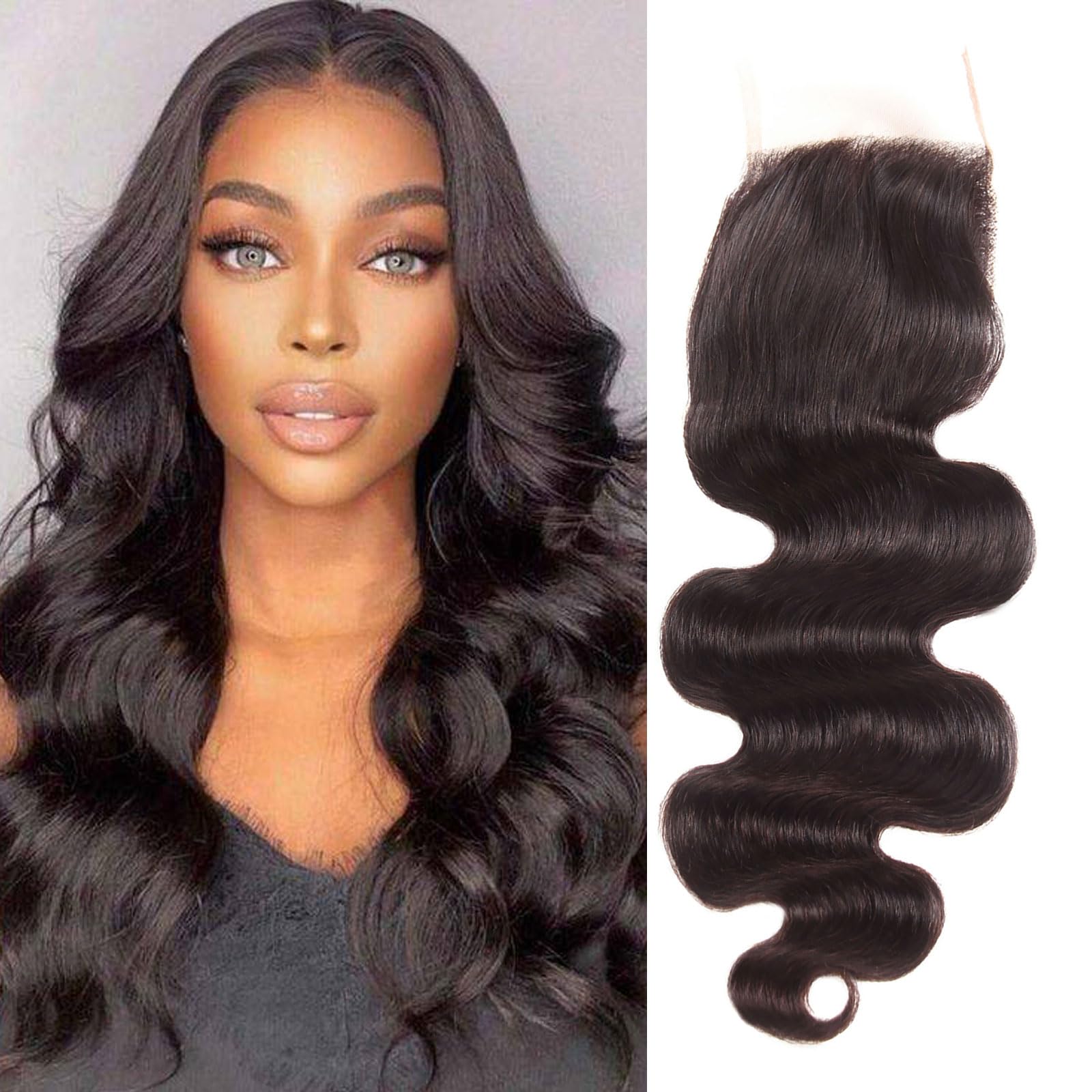 Huarisi 4x4 Lace Closure Body Wave Human Hair Free Part 16 Inch 12A Virgin Brazilian Wavy Hair Closure with Baby Hair Bleached Knots Transparent Lace Sew in Natural Hairline Density 150%