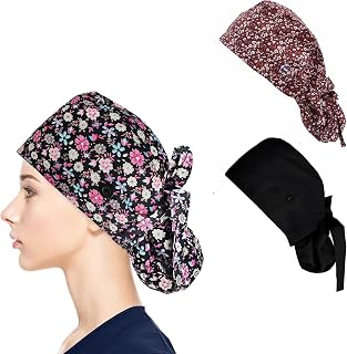3 Pieces Working Cap with Button,Scrub Hats Women Bouffant,Adjustable Working Caps with Sweatband,Reusable Floral Printed Scrub Caps with Buttons,Ponytail Holder Black
