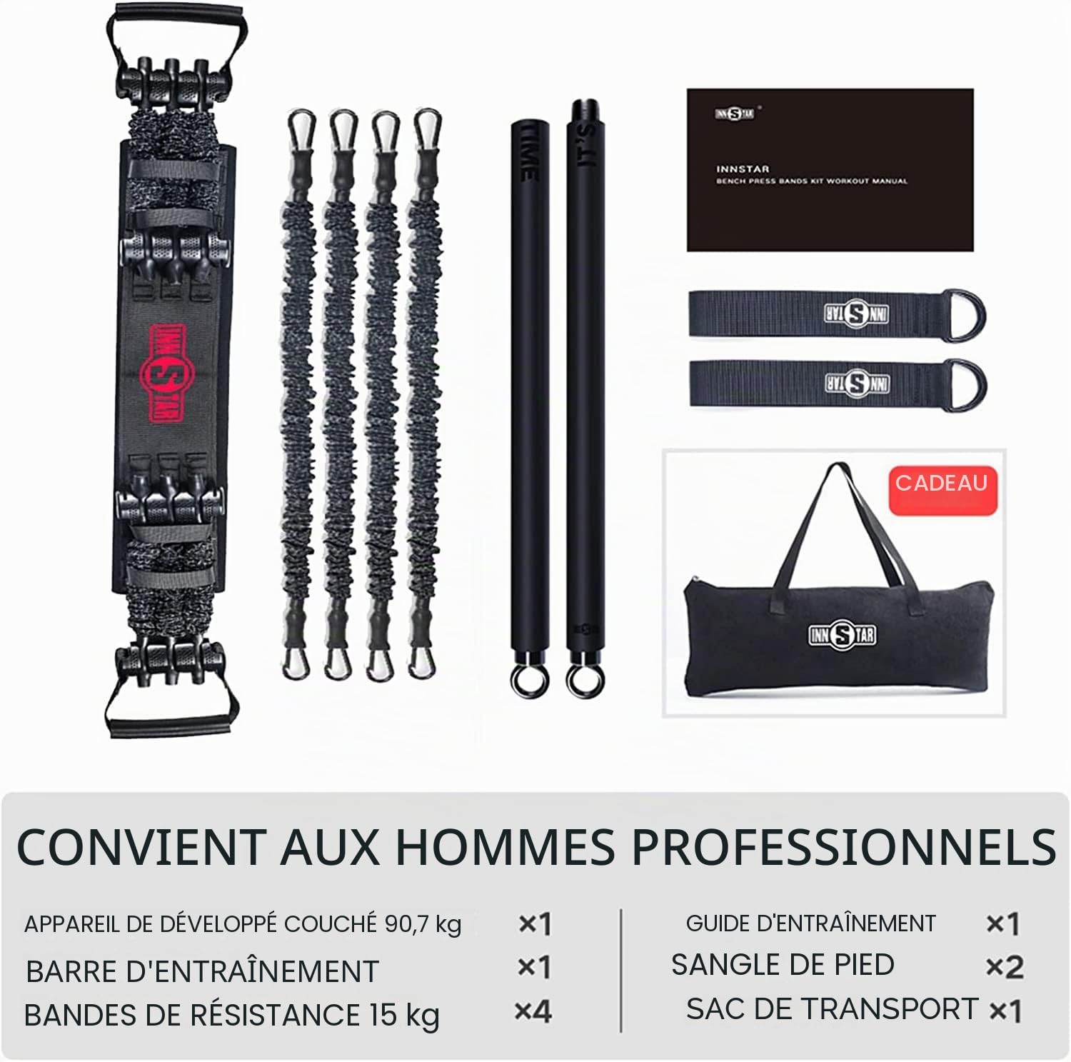 INNSTAR Kit Elastiques de Musculation Réglable pour la Salle de Gym à la Maison, Multifonction Entrainement Complet du Corps Elastico Fitness Barre Elastique Musculation avec 4 Bandes de Résistance