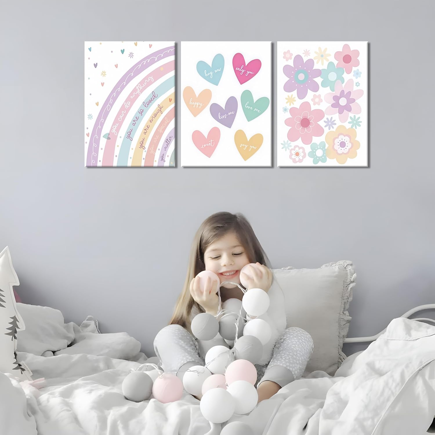 3 Pieces Nursery Boho Wall Art, Framed Cartoon Rainbow Canvas Prints, Colorful Heart Wall Decor, Cute Flower Posters Artwork, Pink Girls Room Aesthetic for Bedroom Dormitory – 12x16in