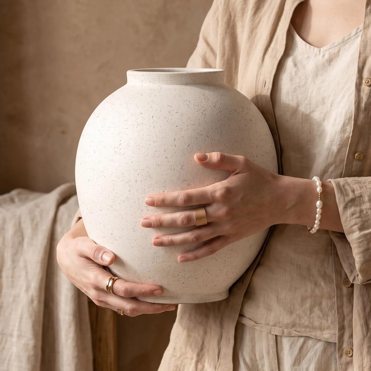 Heifgott Grande vaso in ceramica bianca, 25 cm, rustico per la decorazione della casa, vasi alti minimalisti per soggiorno, tavolo, bagno, vacanze e matrimoni (bianco arenaria)