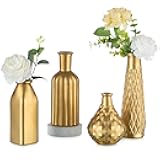 Gold Bud Vases for Flowers: Set of 4 Small Glass Flower Vase Bulk - Vintage Bottles for Wedding Centerpieces for Tables Decor Decorative Home Centerpiece Decorations