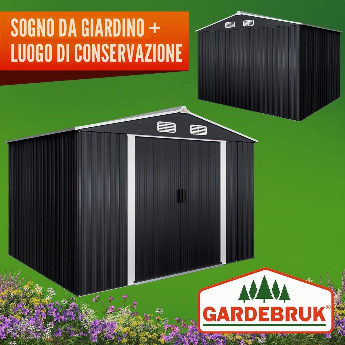 GARDEBRUK® Casetta per Attrezzi da Giardino XXL in Metallo 5m² con Base 257x205x178cm Porta Scorrevole Capanno Antracite con Tetto Prese d´Aria Capannone Rimessa da Esterno 9m³