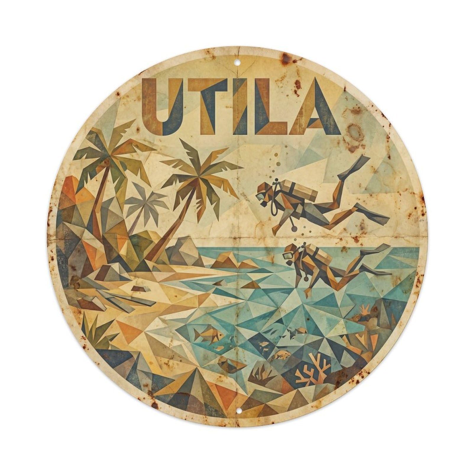 Utila Island Coastal Escape Cubist Travel Metal Tin Sign