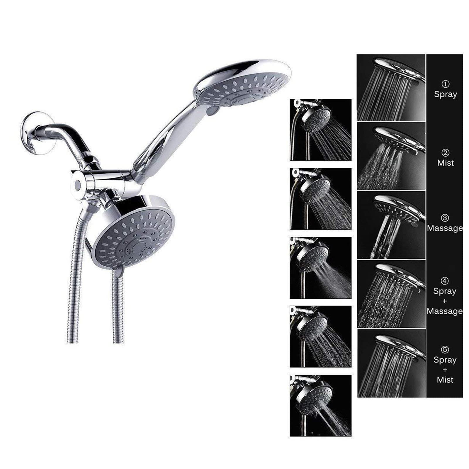 N/A Shower Head Combo, Dual Shower Head, High Pressure 2 in 1 Handheld Shower Heads Combo with Stainless Steel Hose, 3-Way Diverter with Socket, Chrome,A (Color : A)