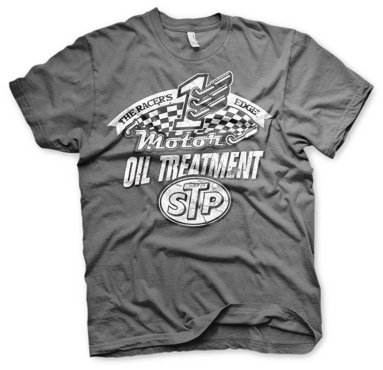 STP Officially Licensed Oil Treatment Distressed Mens T-Shirt (Dark Grey), Large