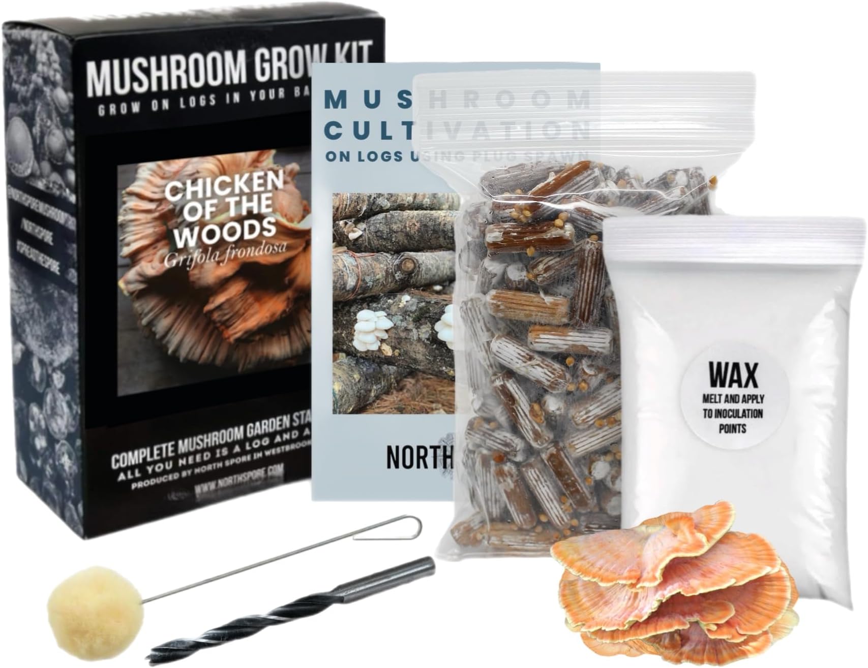 - North Spore Organic Chicken of the Woods Mushroom Grow Kit, 100ct Log Plugs | Medicinal Mushroom Plug Spawn Kit with Drill Bit, Sealing Wax & Applicator, Made in Maine, USA, for Inoculating Oak Logs