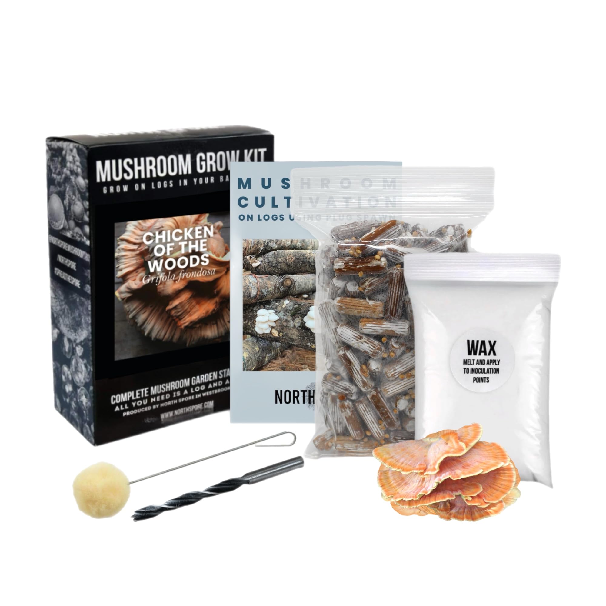 North SporeChicken of the Woods Mushroom Log Kit, Outdoor DIY Mushroom Kit, Easy & Fun Wellness Hobby, Includes 100 Count Mushroom Plugs for Logs, Made in USA, Culinary Mushrooms, Medicinal Mushrooms