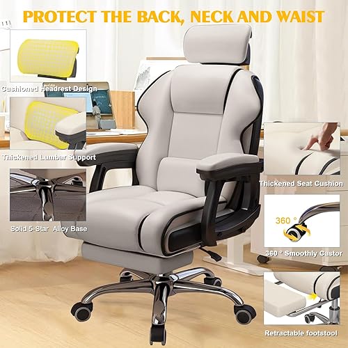 Miniatura 5 de Silla de oficina ejecutiva reclinable con reposapiés, escritorio ergonómico para computadora con soporte lumbar, silla grande y alta para juegos de