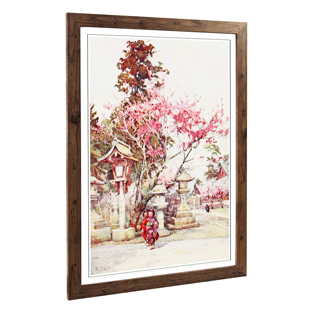 Big Box Art Framed Print of Ella Du Cane Japanese Oriental Plum Blossoms & Lanterns Design | Wall Art Picture| Home Decor for Living Room, Bedroom, Office, Walnut, A2 / 24.5x18 Inch / 62x45cm
