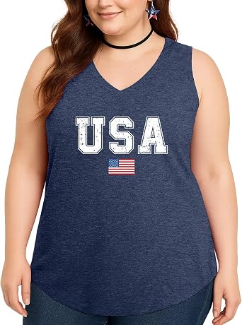 Flafens 4th of July Tank Tops for Women - Patriotic USA Flag Plus Size V-Neck Tank Independence Day Graphic Tee