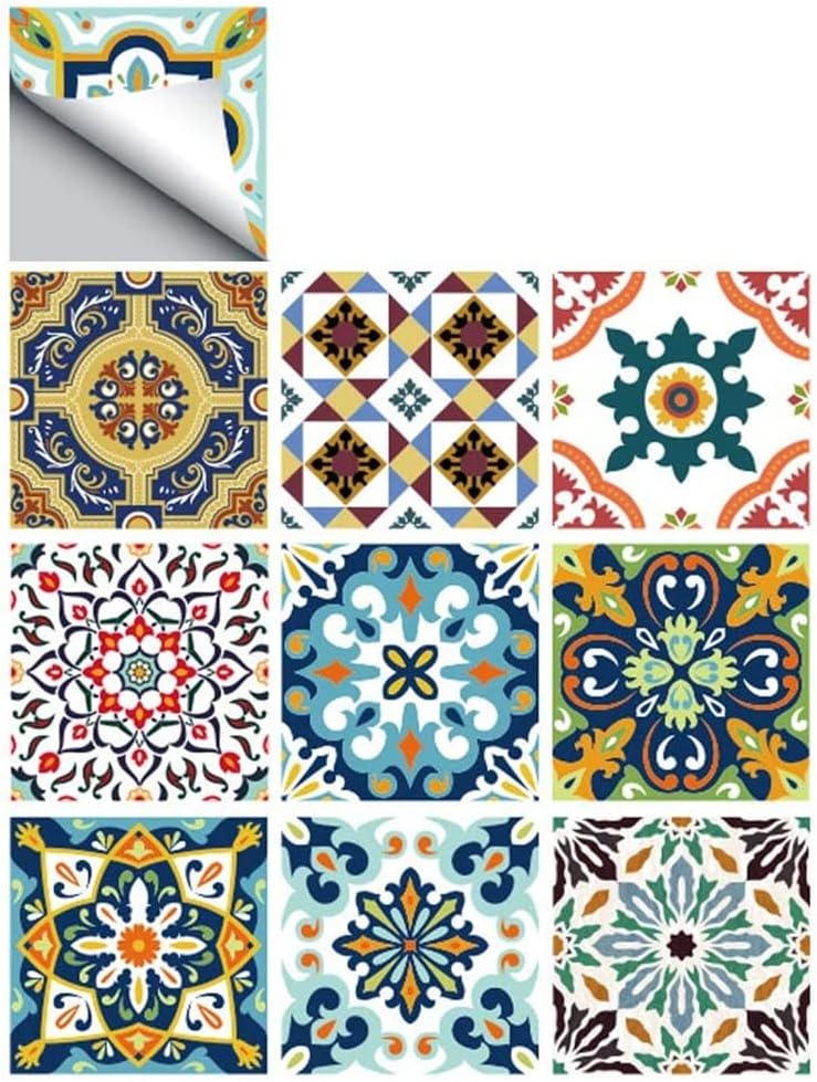 Topmail 10pcs Tile Stickers 6x6 Inches Retro Waterproof Removable Wall Tile Vinyl Stickers for Kitchen Bathroom Wall Stickers Art Decor (15x15CM, Colorful)