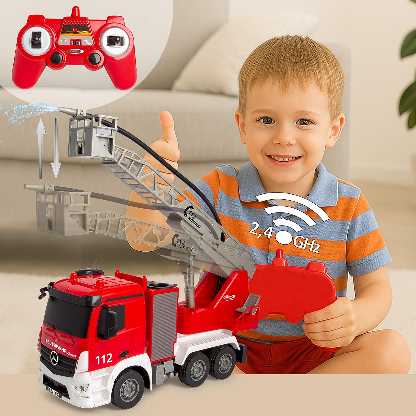 JAMARA 407300 drabina obrotowa Mercedes-Benz Antos 1:26 2,4 GHz – z funkcją natryskiwania, zabawka strażacka od 6 lat, zdalnie sterowana, zabawki RC, prezent, obrót wieży