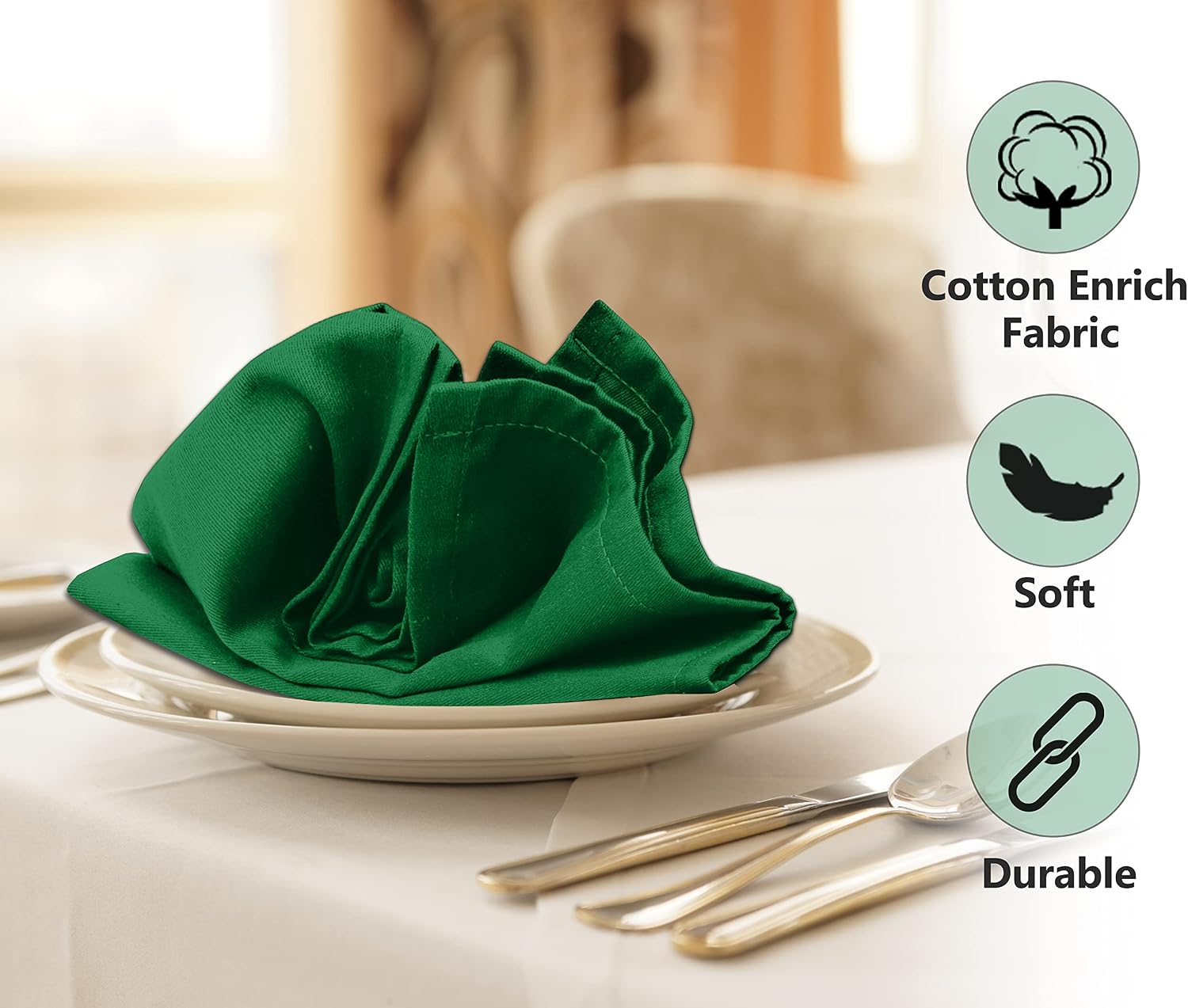 Ruvanti Cloth Napkins Set of 12, 18x18 Inches Napkins Cloth Washable, Soft, Durable, Absorbent, Cotton Blend. Table Dinner Napkins Cloth for Hotel, Christmas Parties, Restaurant, Wedding - Dark Green