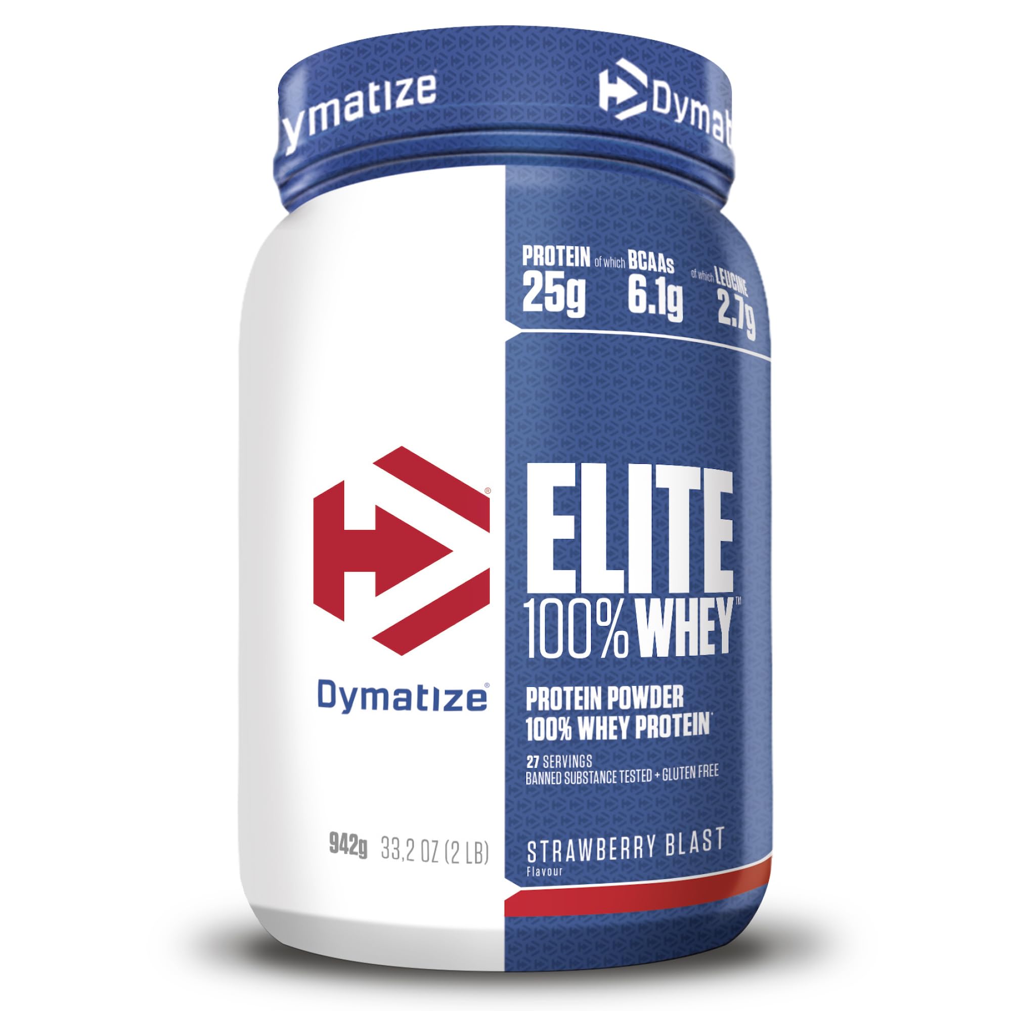 Dymatize Elite 100% Whey Strawberry Blast 942g - Polvere ad alto contenuto di proteine e basso zuccheri del siero latte BCAA