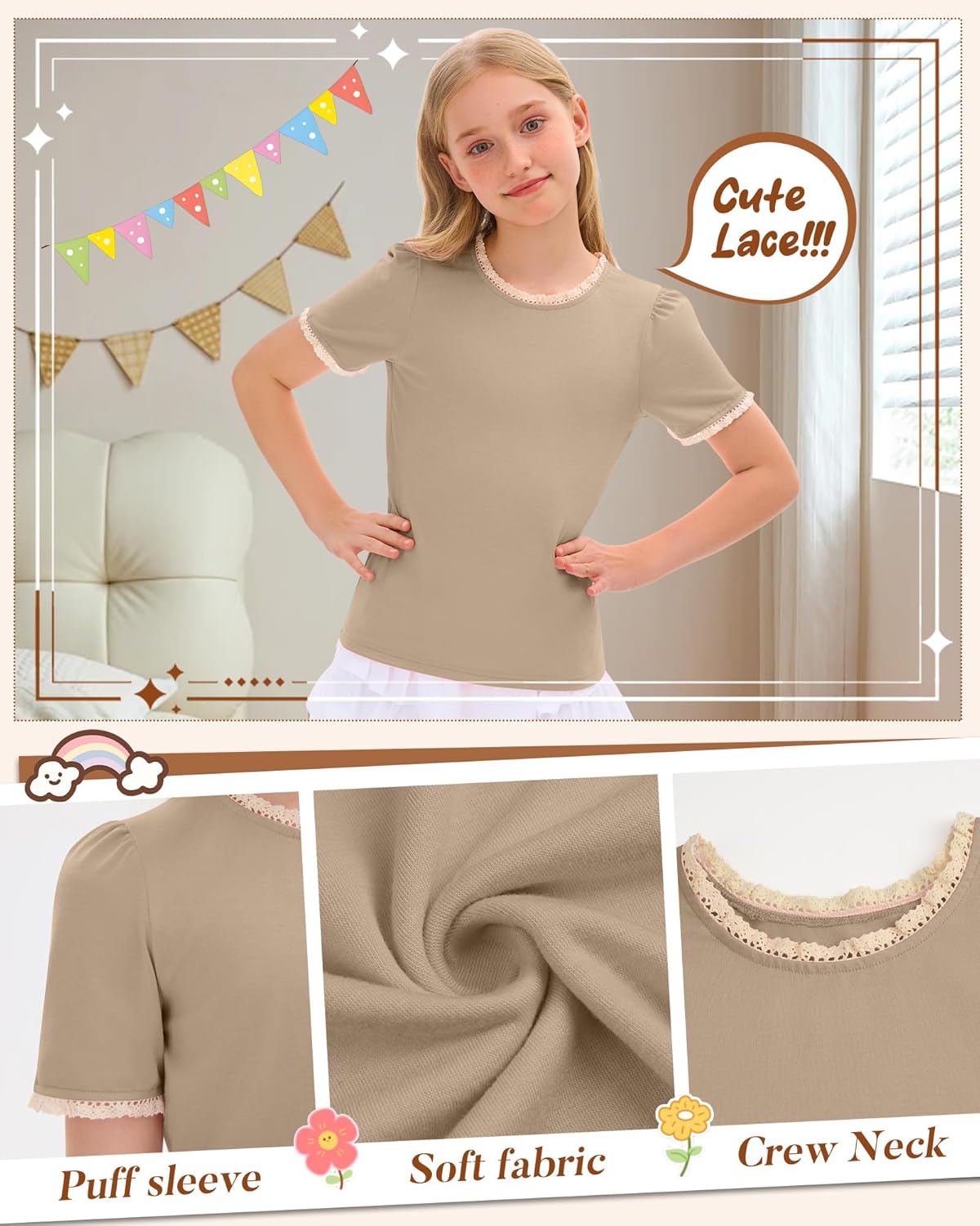 Girls Puff Short Sleeve Shirts Lace Crewneck Lettuce Trim Top Kids Tween Comfy Summer Cute Toddler Uniform Tee - Image 5