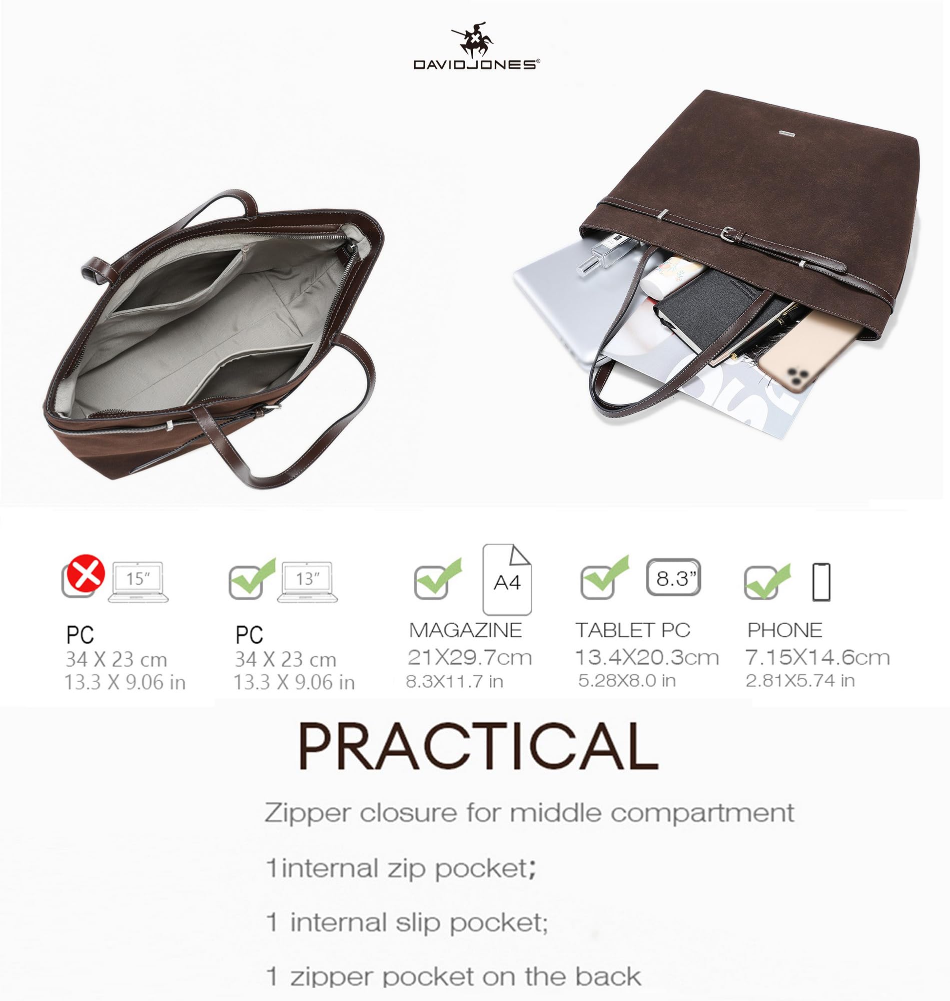 David Jones – Bolso de mano para mujer ante de gran tamaño – Bolso de mano para el hombro durante la escuela secundaria de trabajo – Bolso de mano de ante flexible – Shopper de gran capacidad A4 asas
