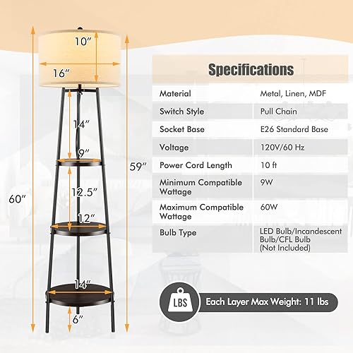Miniatura 6 de Giantex Lámpara de pie con estantes de 3 niveles, moderna lámpara de pie de esquina con pantalla de lino beige, lámpara de pie industrial de 60