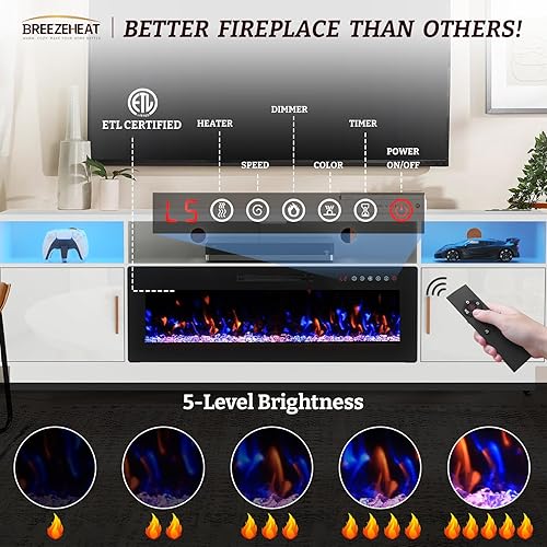 Miniatura 70 de BREEZEHEAT Soporte de TV eléctrico con chimenea de 36 pulgadas de hasta 80 pulgadas, centro de entretenimiento LED con puertas de alto brillo,