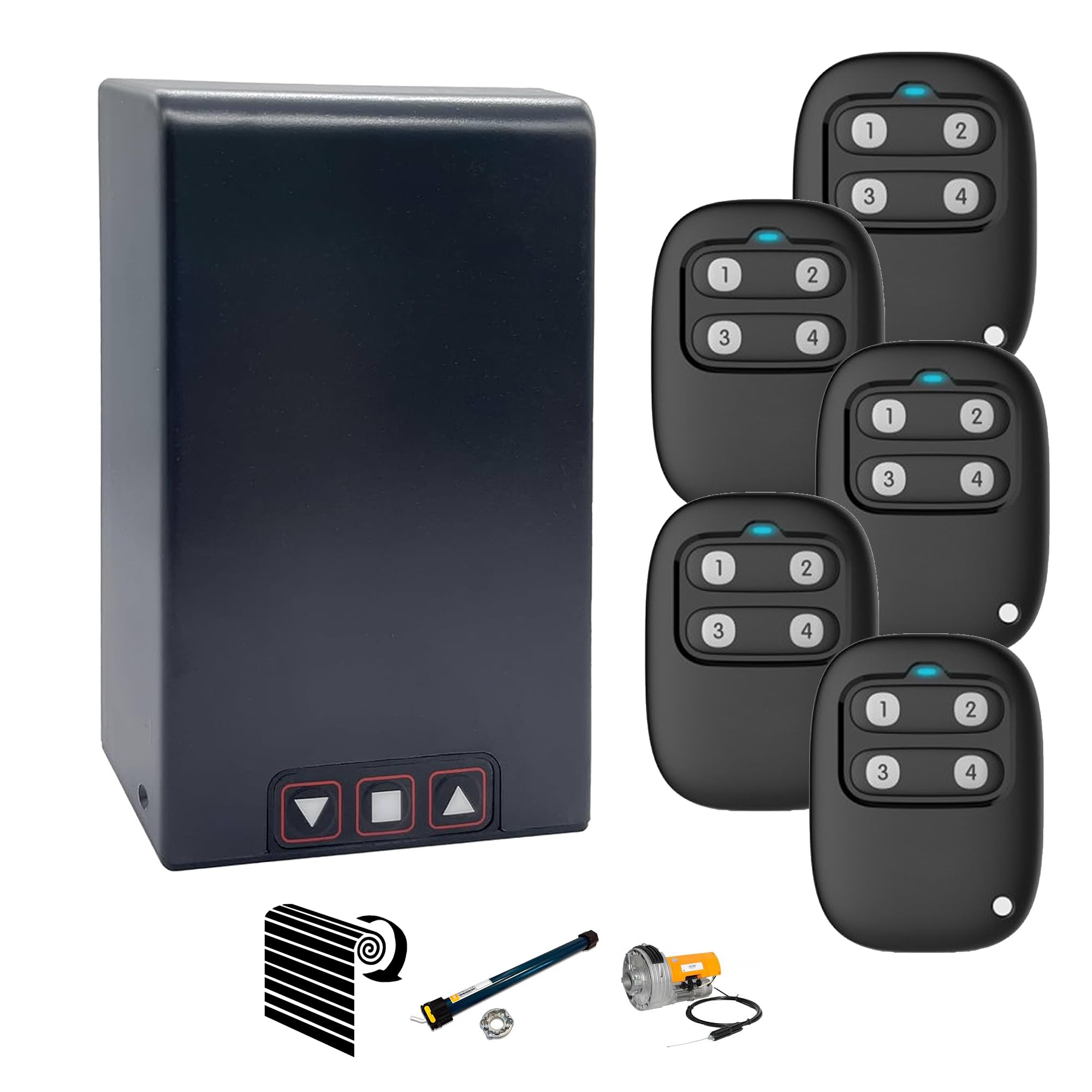 AMZsystems Tableau de manœuvre pour moteur de porte enroulable, 230 V, kit avec 5 télécommandes, boutons extérieurs, sortie photocellule, 433 MHz Rolling Code, gris
